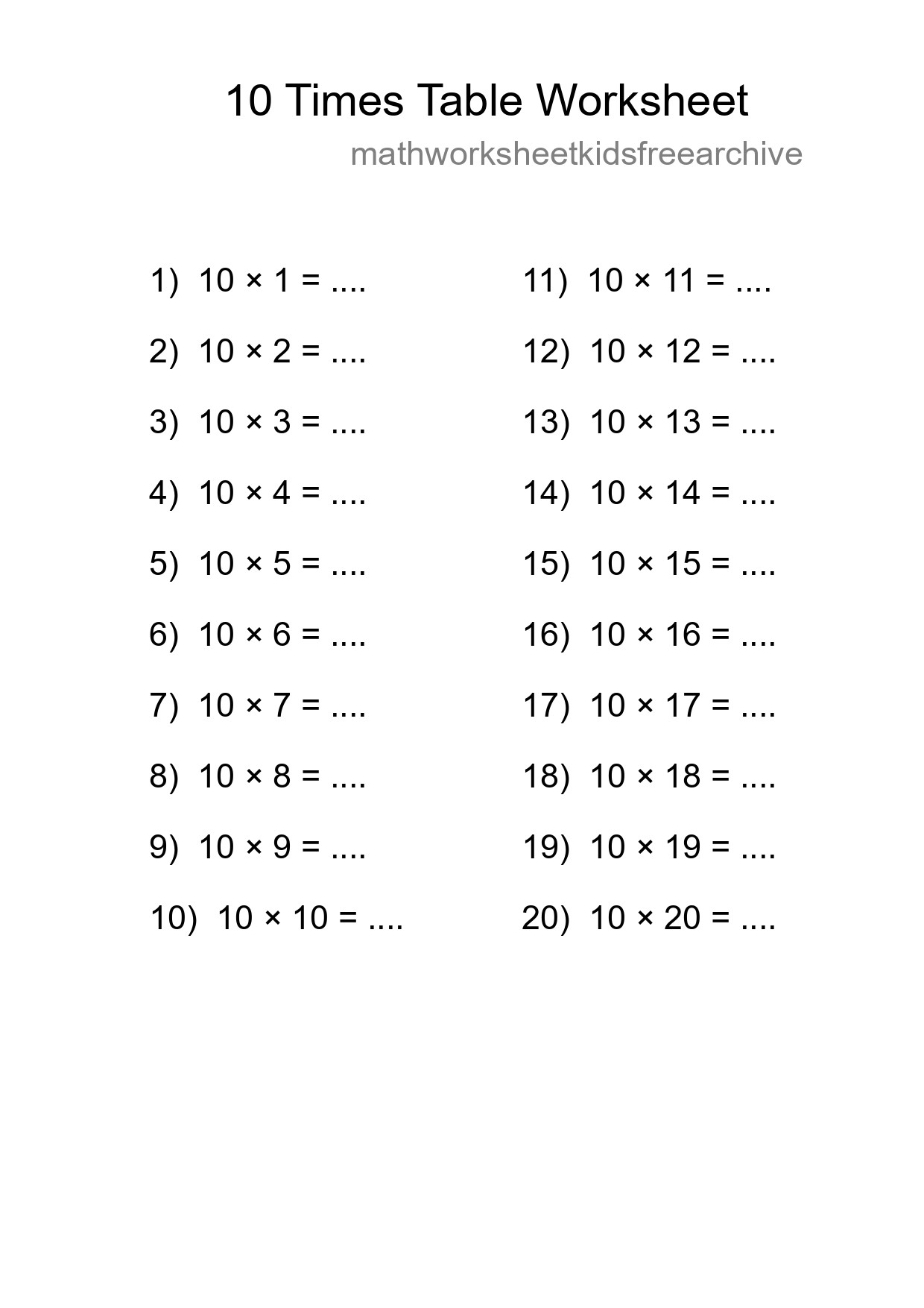 10 Times Table Worksheet For Grade 3 - Part 20