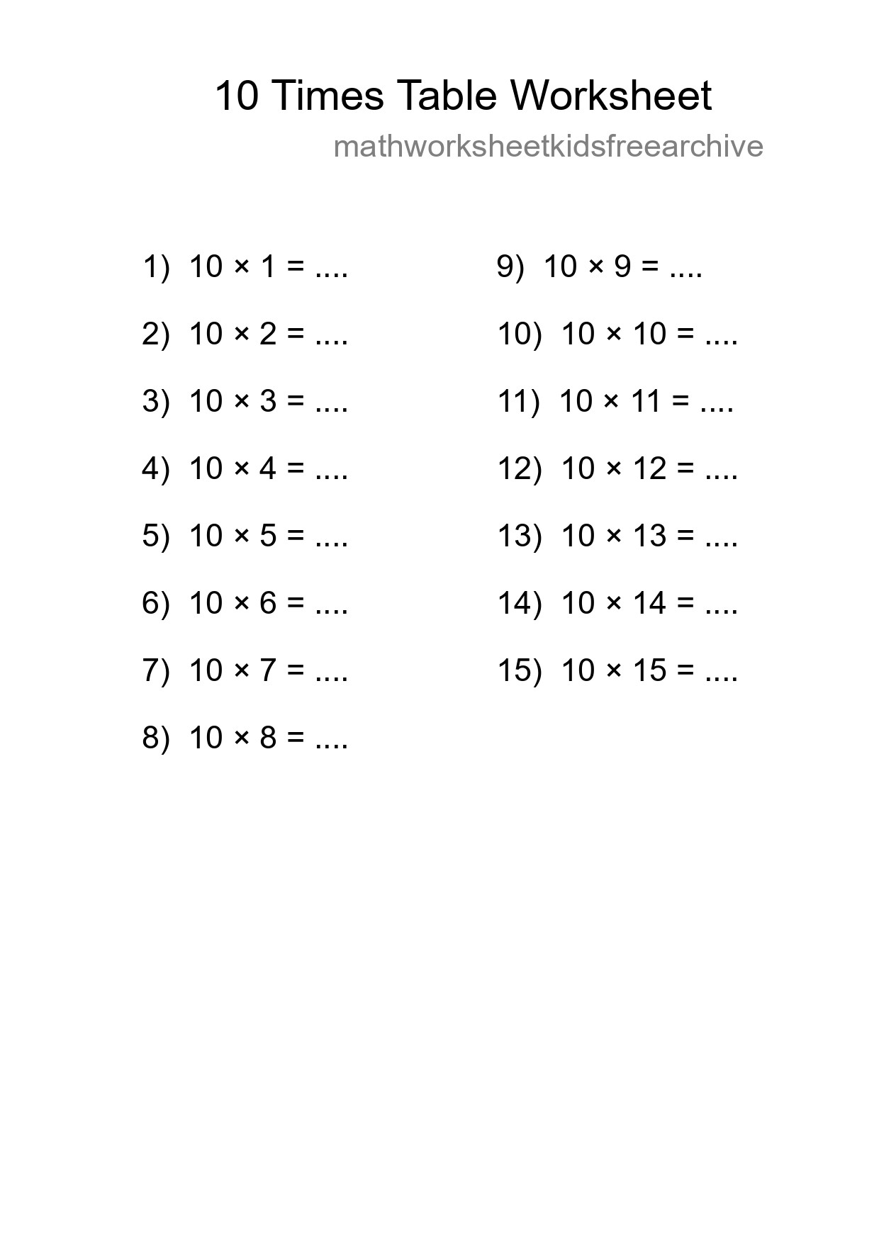 10 Times Table Worksheet For Grade 3 With Answers - Part 152
