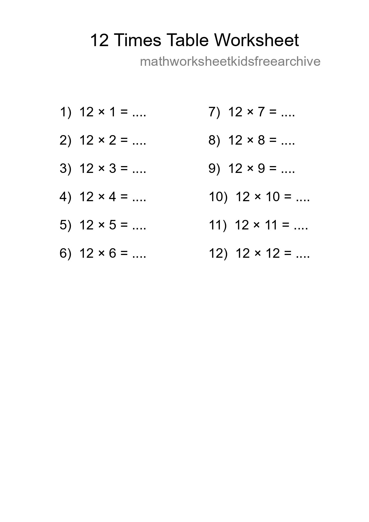 12 Times Table Worksheet For Grade 4 - Part 108