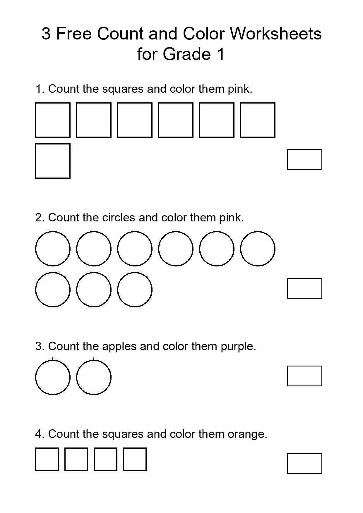 3 Free Count and Color Worksheets for Grade 1