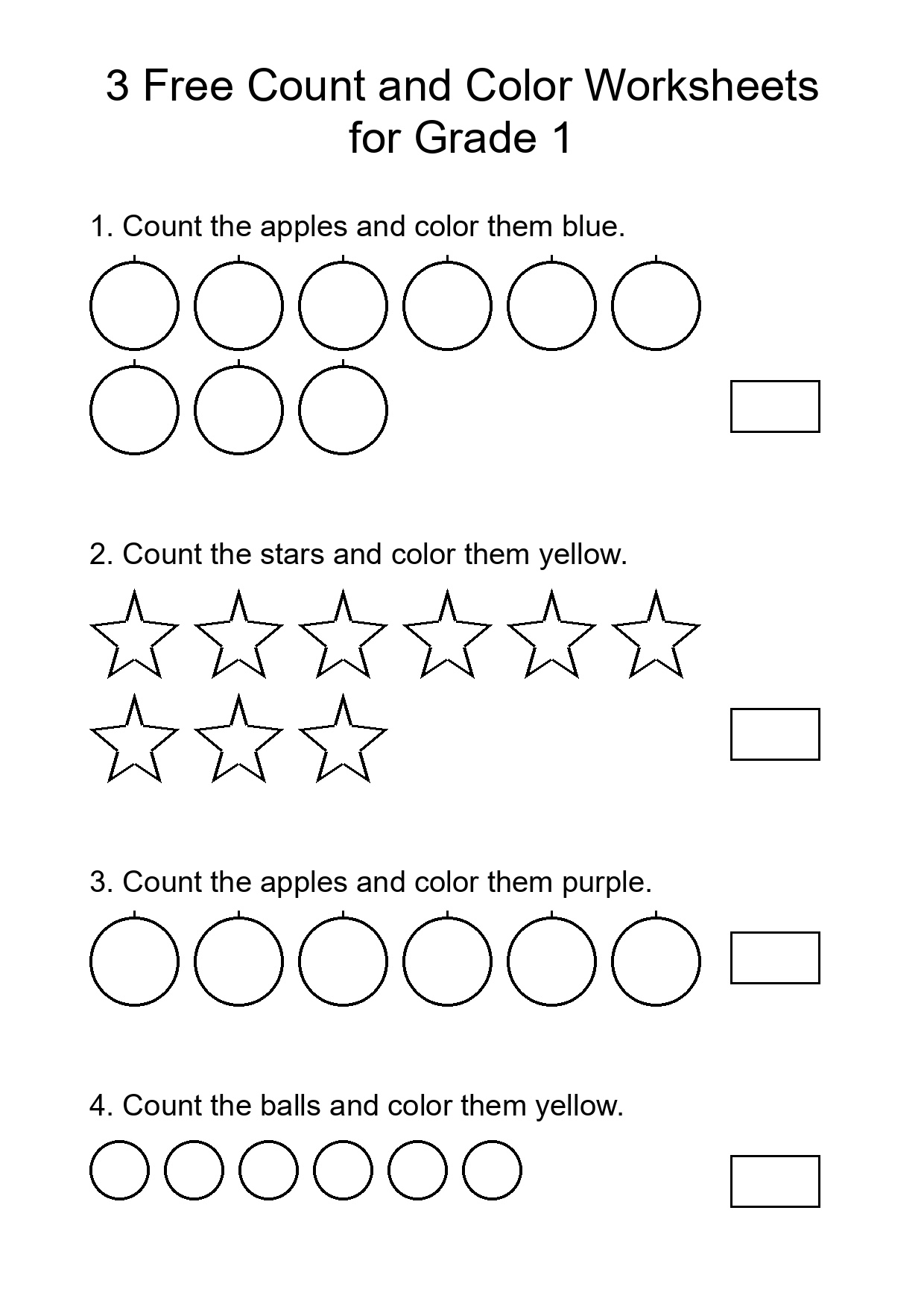 3 Free Count and Color Worksheets for Grade 1