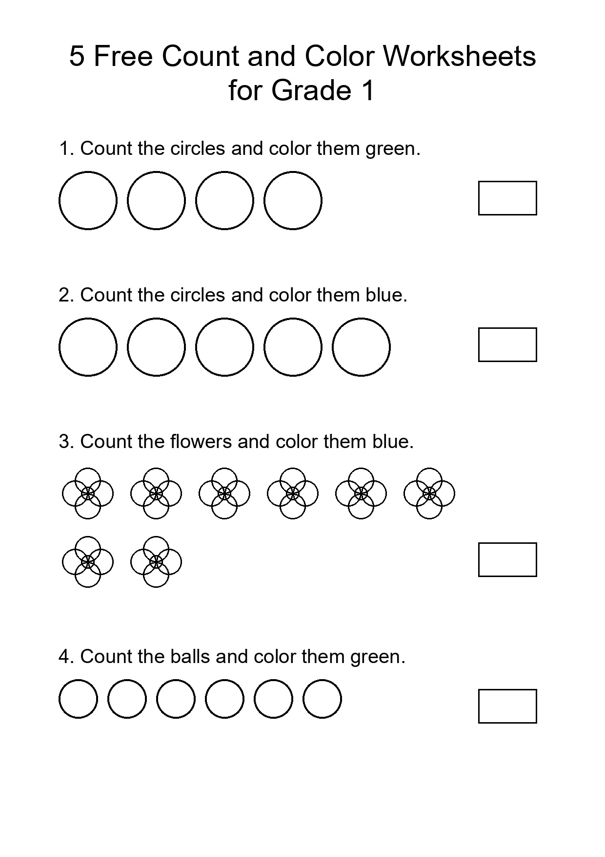 5 Free Count and Color Worksheets for Grade 1