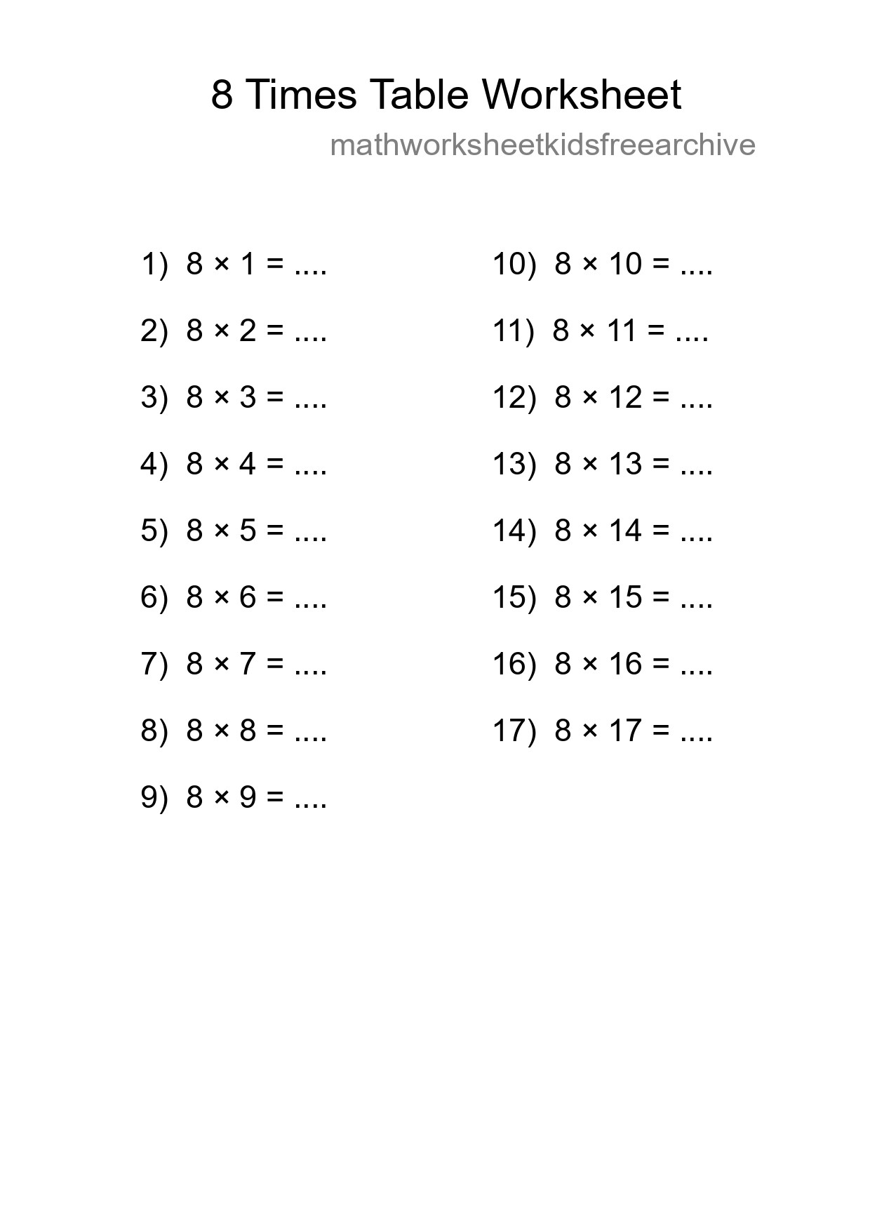 8 Times Table Worksheet For Grade 3 With Answers - Part 229