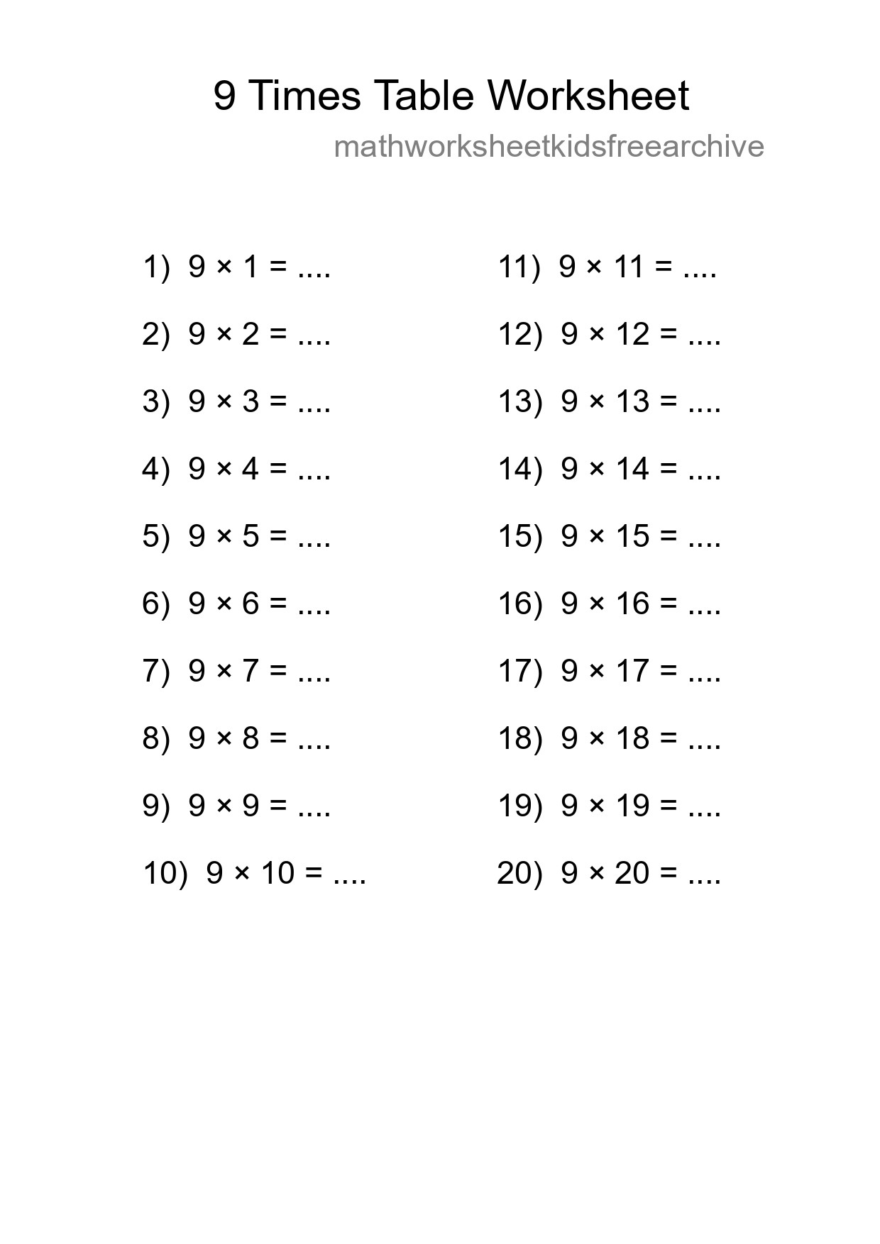 9 Times Table Worksheet For Grade 3 - Part 130