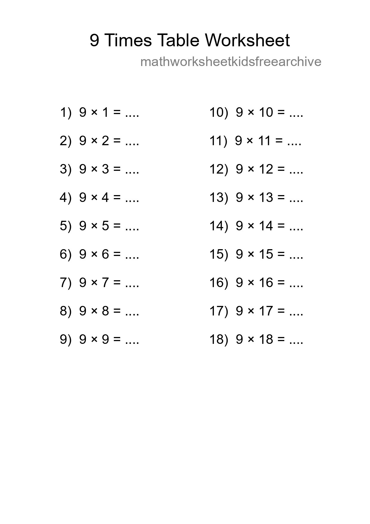 9 Times Table Worksheet For Grade 3 With Answers - Part 196