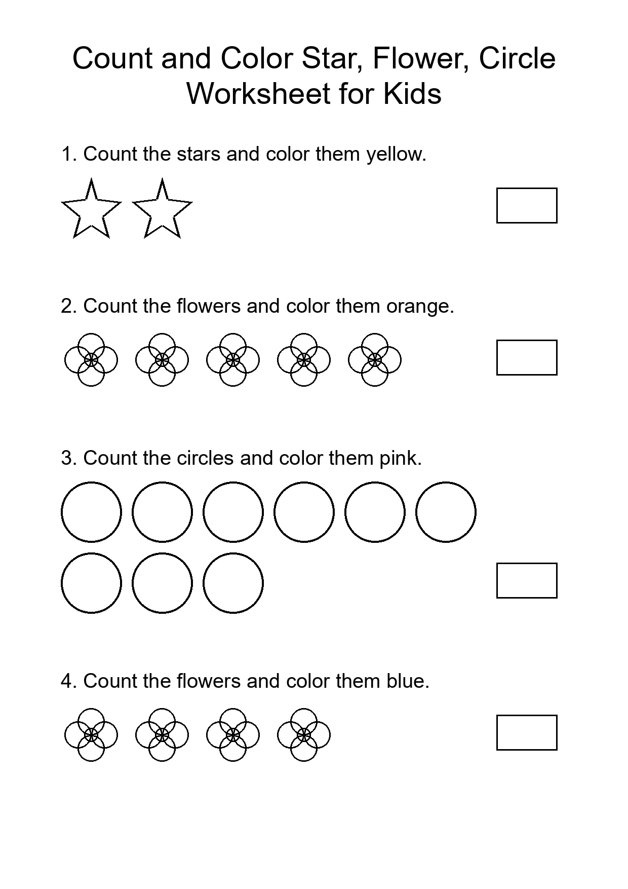 Count and Color Star, Flower, Circle Worksheet for Kids
