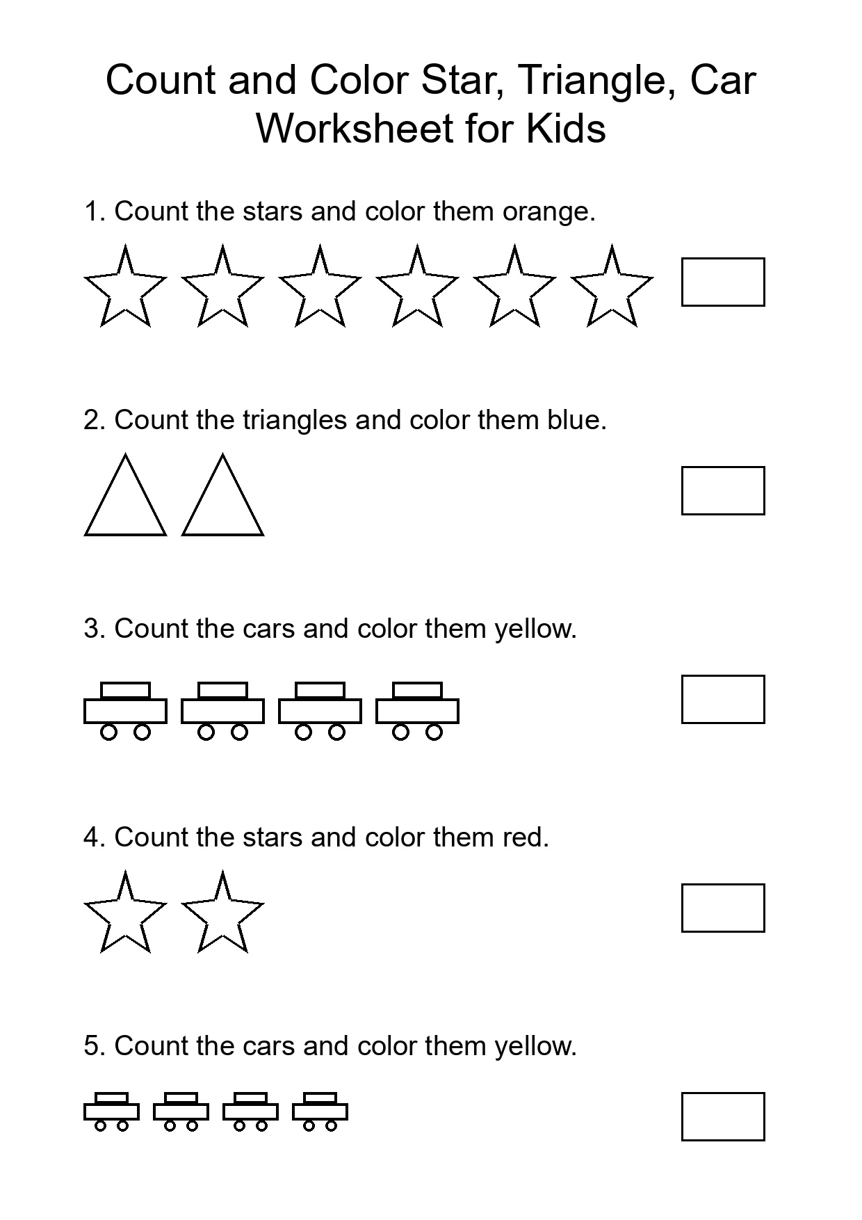 Count and Color Star, Triangle, Car Worksheet for Kids