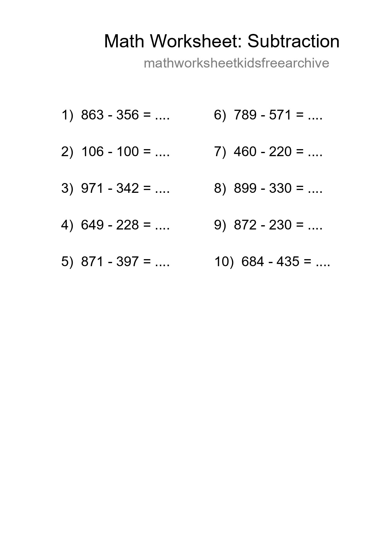 Free 10 Subtraction Math Worksheet For Grade 5 - Part 96