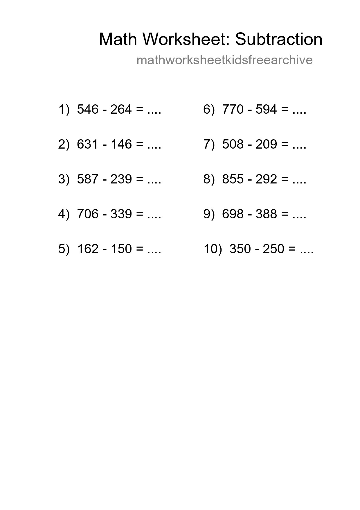 Free 10 Subtraction Math Worksheet For Grade 5 With Answers - Part 52