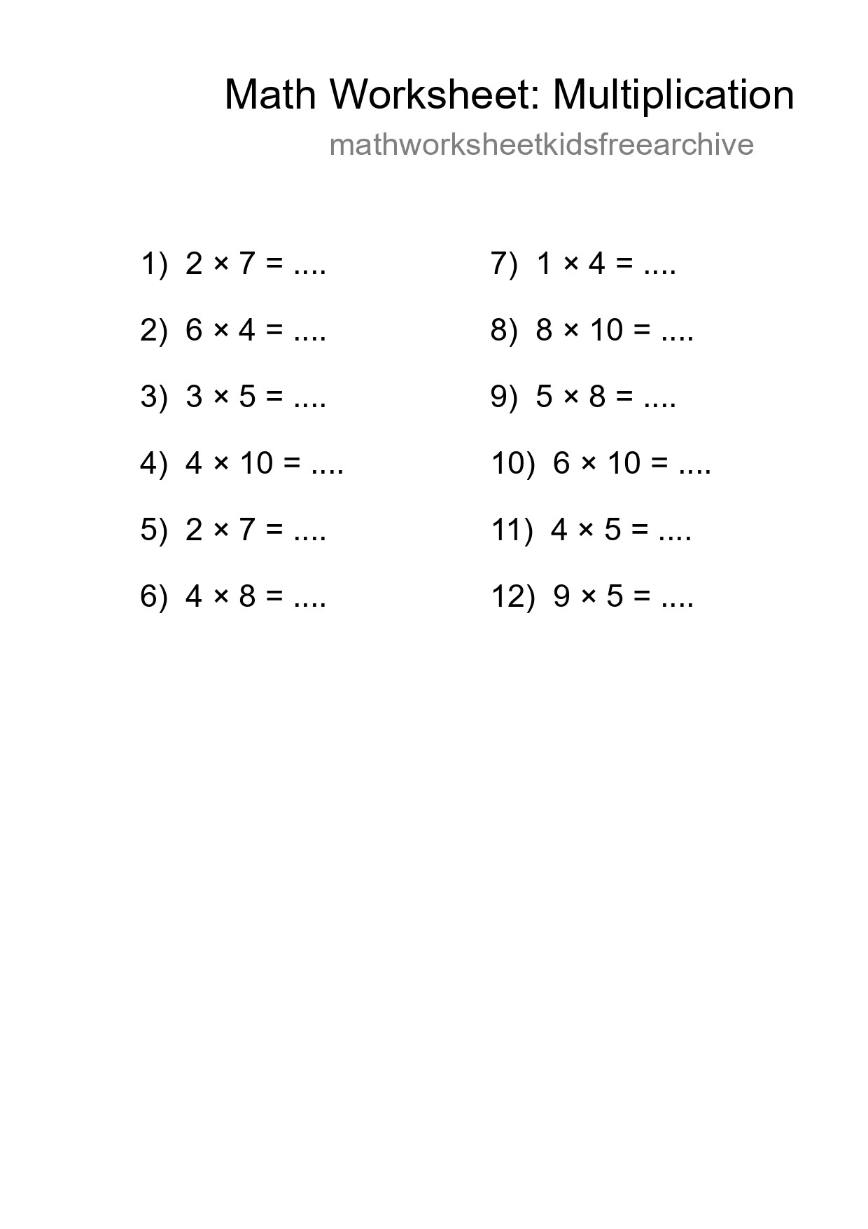 Free 12 Multiplication Math Worksheet For Grade 1 - Part 183