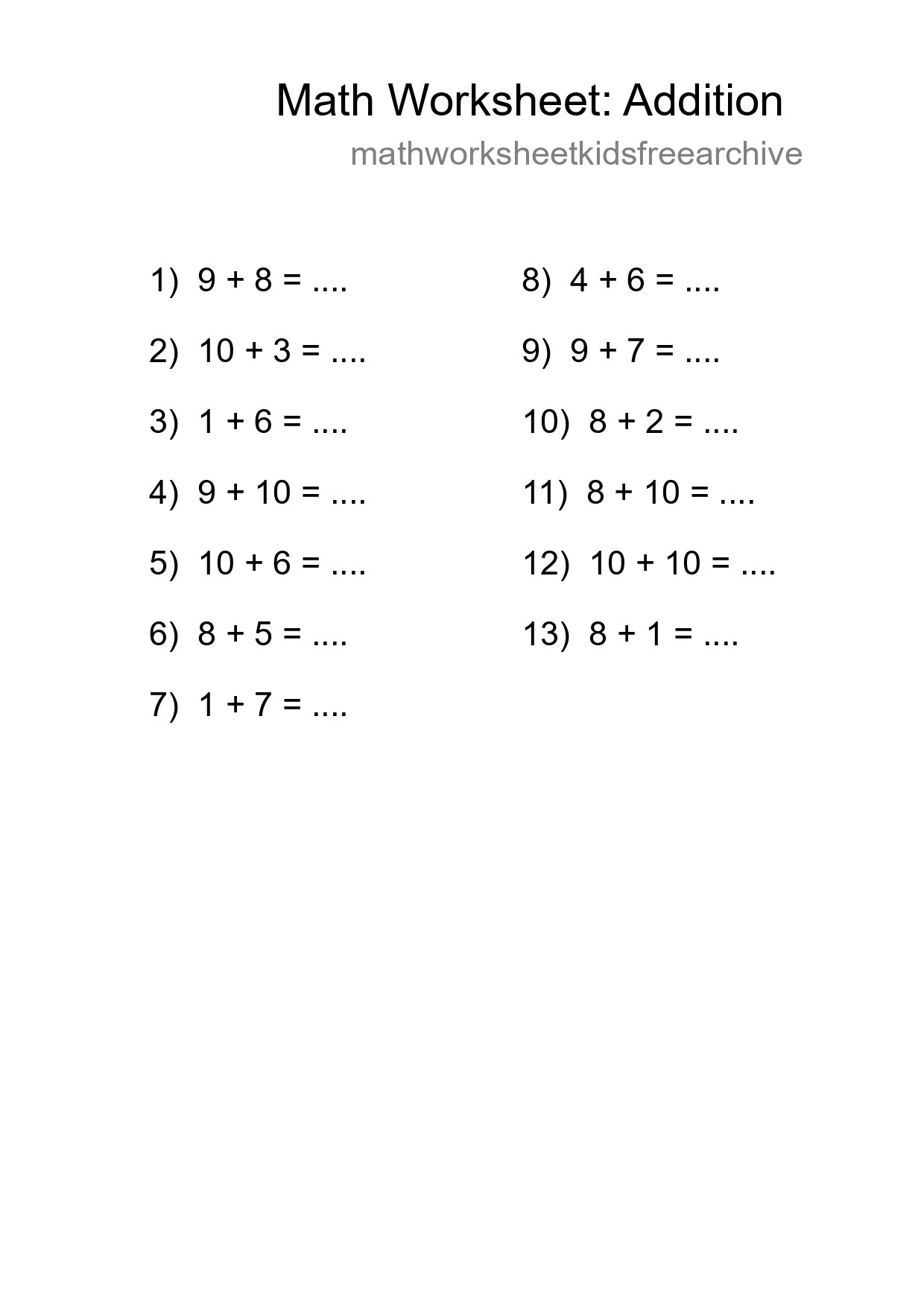Free 13 Addition Math Worksheet For Grade 1 - Part 221