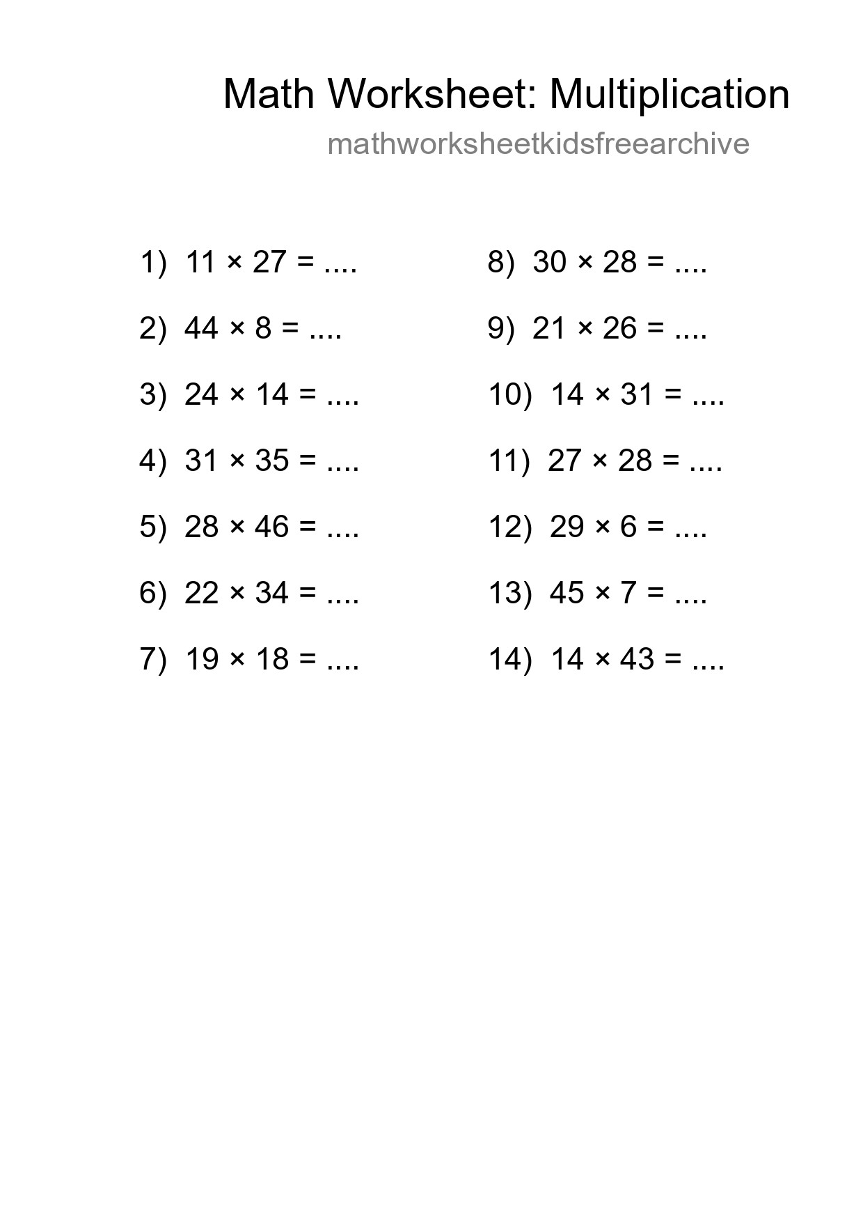 Free 14 Multiplication Math Worksheet For Grade 2 With Answers - Part 150
