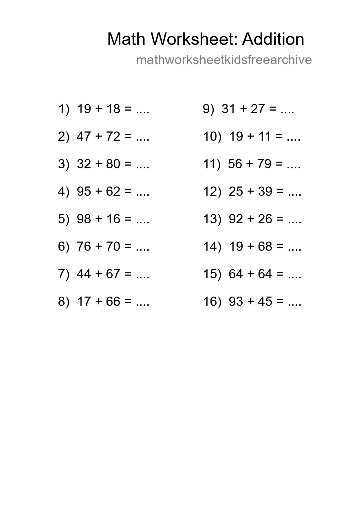 Free 16 Addition Math Worksheet For Grade 3 With Answers - Part 89