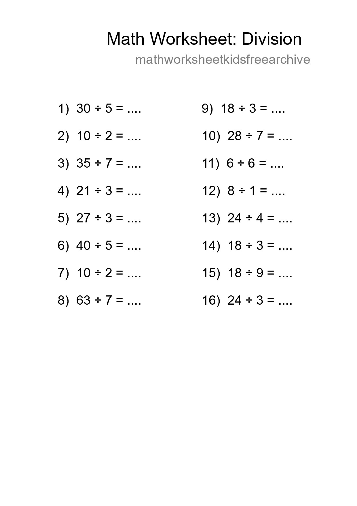 Free 16 Division Math Worksheet For Grade 1 With Answers - Part 158