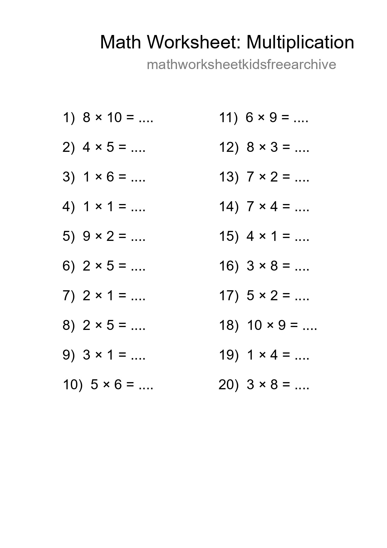 Free 20 Multiplication Math Worksheet For Grade 1 With Answers - Part 205