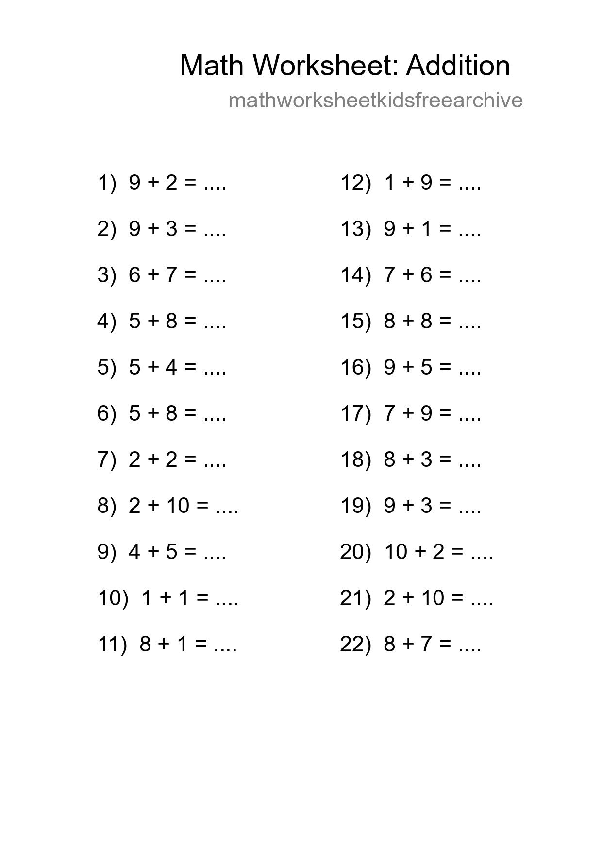 Free 22 Addition Math Worksheet For Grade 1