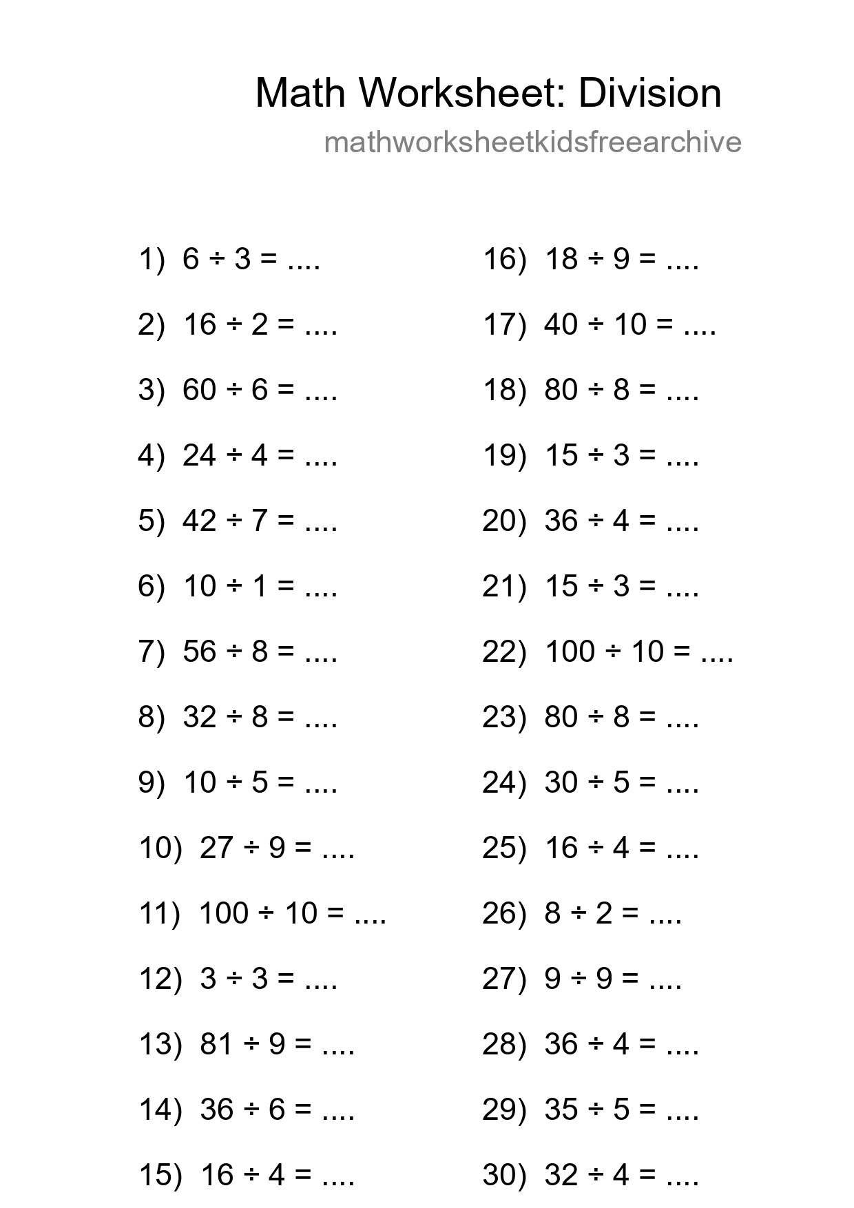 Free 30 Division Math Worksheet For Grade 1 With Answers - Part 92