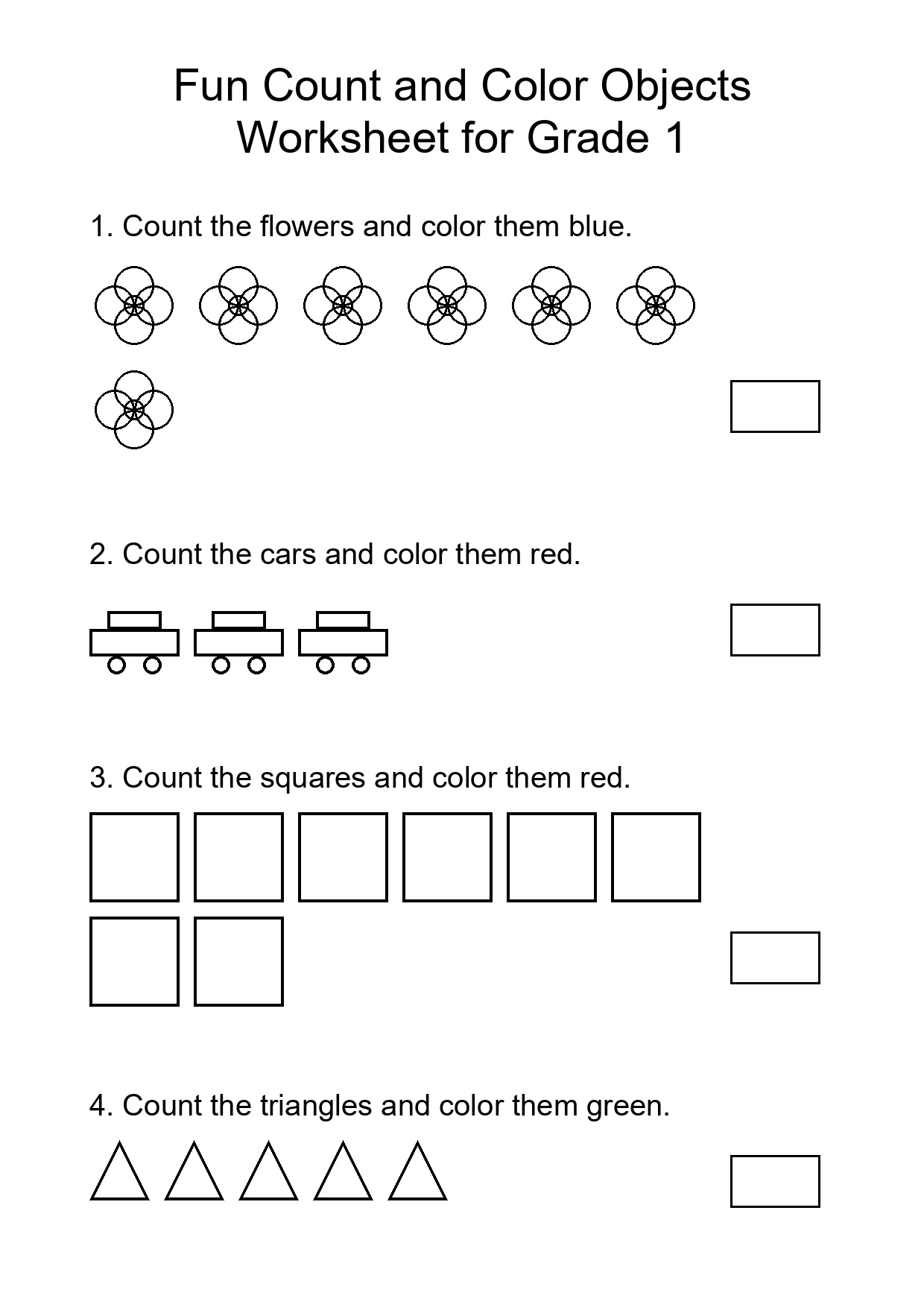 Fun Count and Color Objects Worksheet for Grade 1