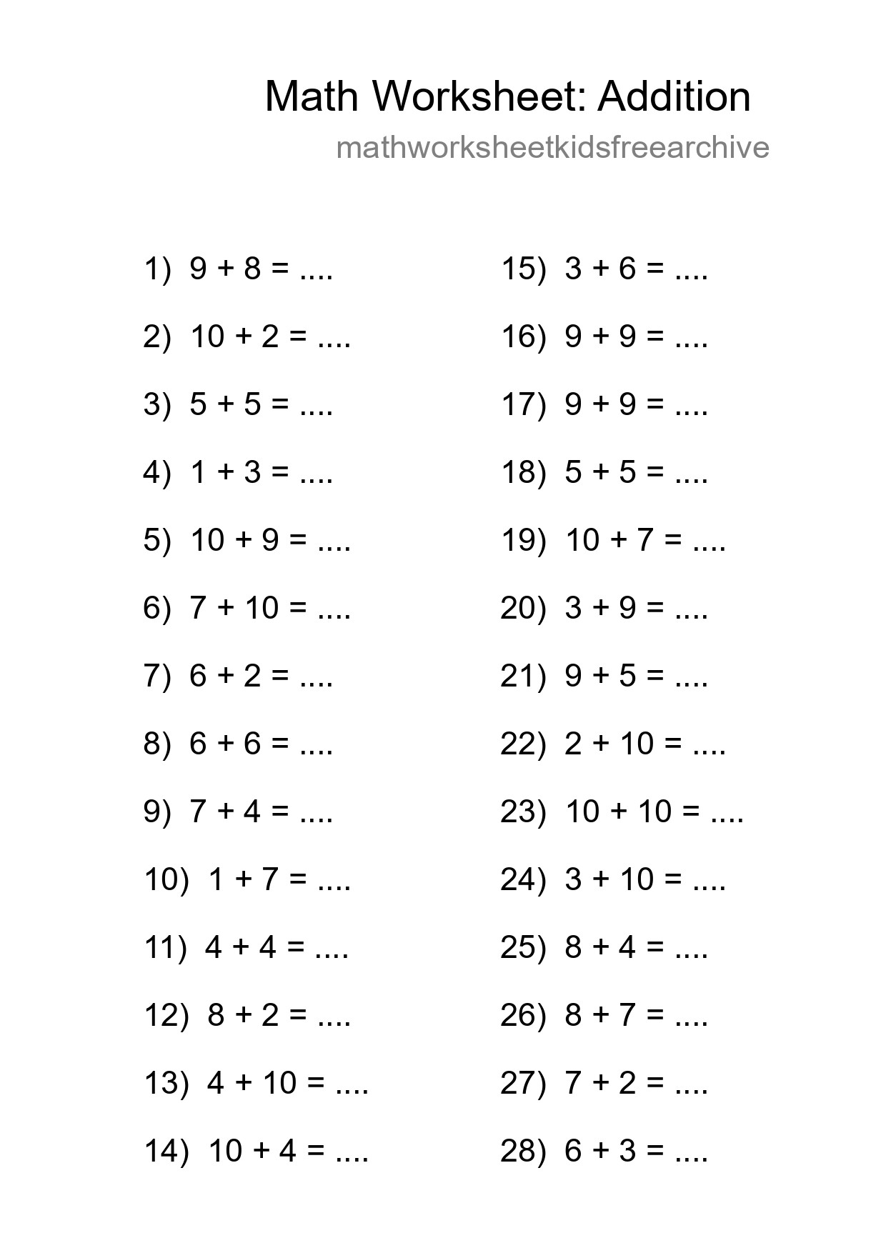 Grade 1 Addition Practice Worksheet (28 Problems) - Part 243