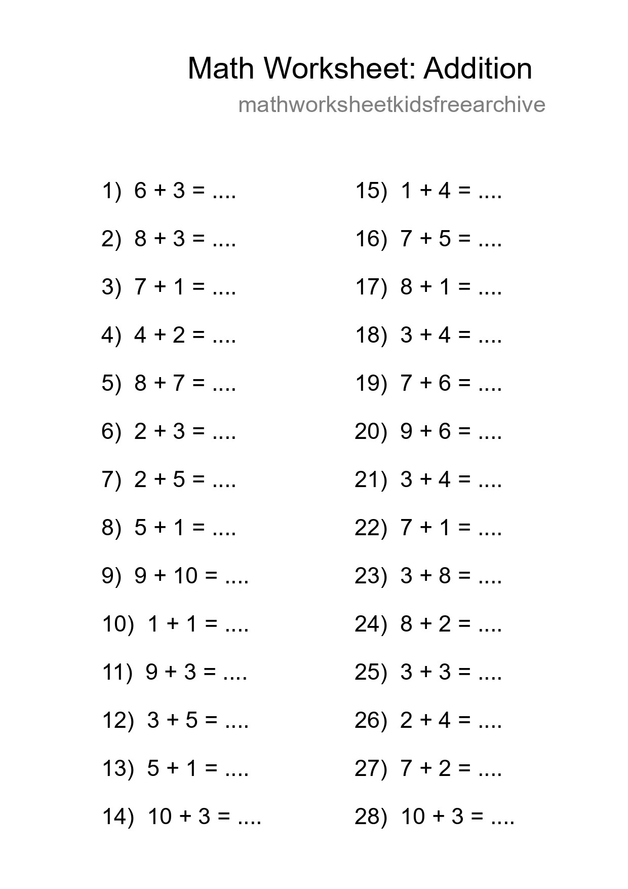 Grade 1 Addition Practice Worksheet (28 Problems) - Part 45