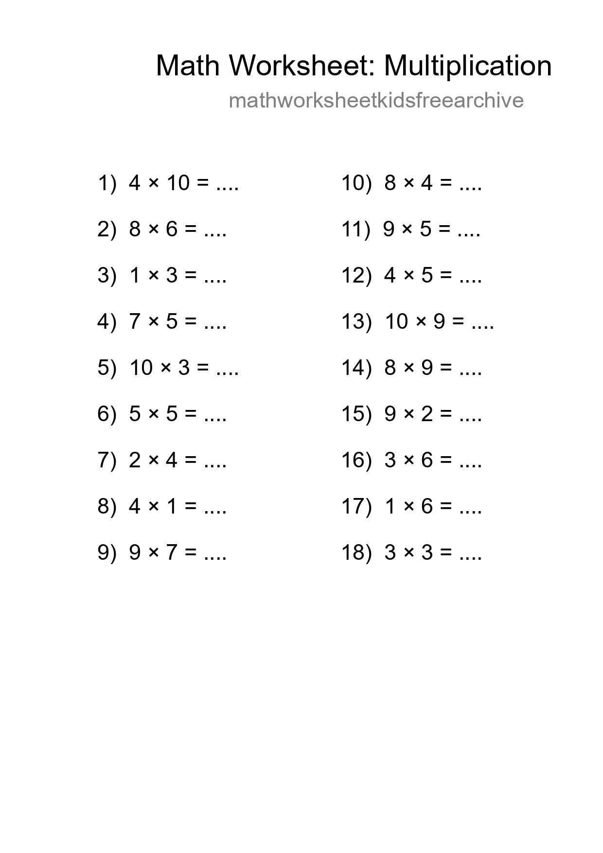 Grade 1 Multiplication Practice Worksheet (18 Problems) - Part 128
