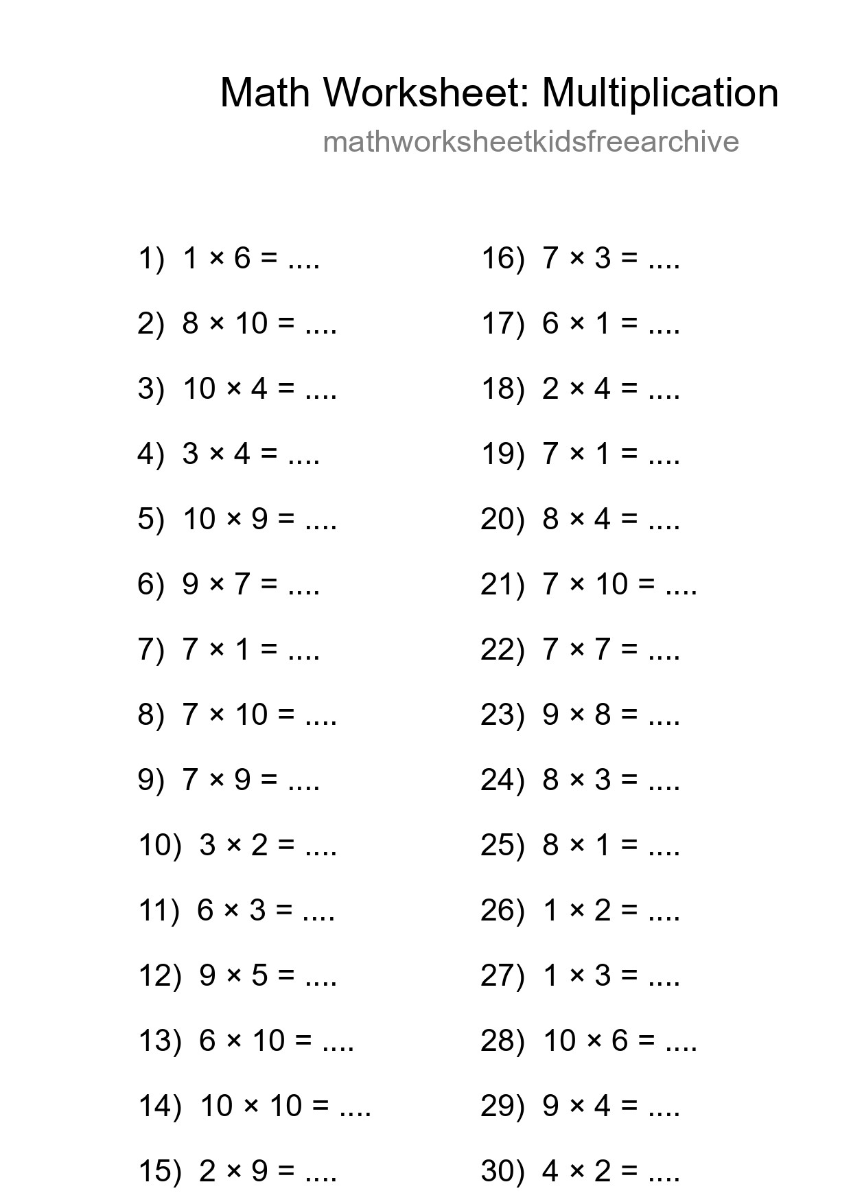 Grade 1 Multiplication Practice Worksheet (30 Problems) - Part 227