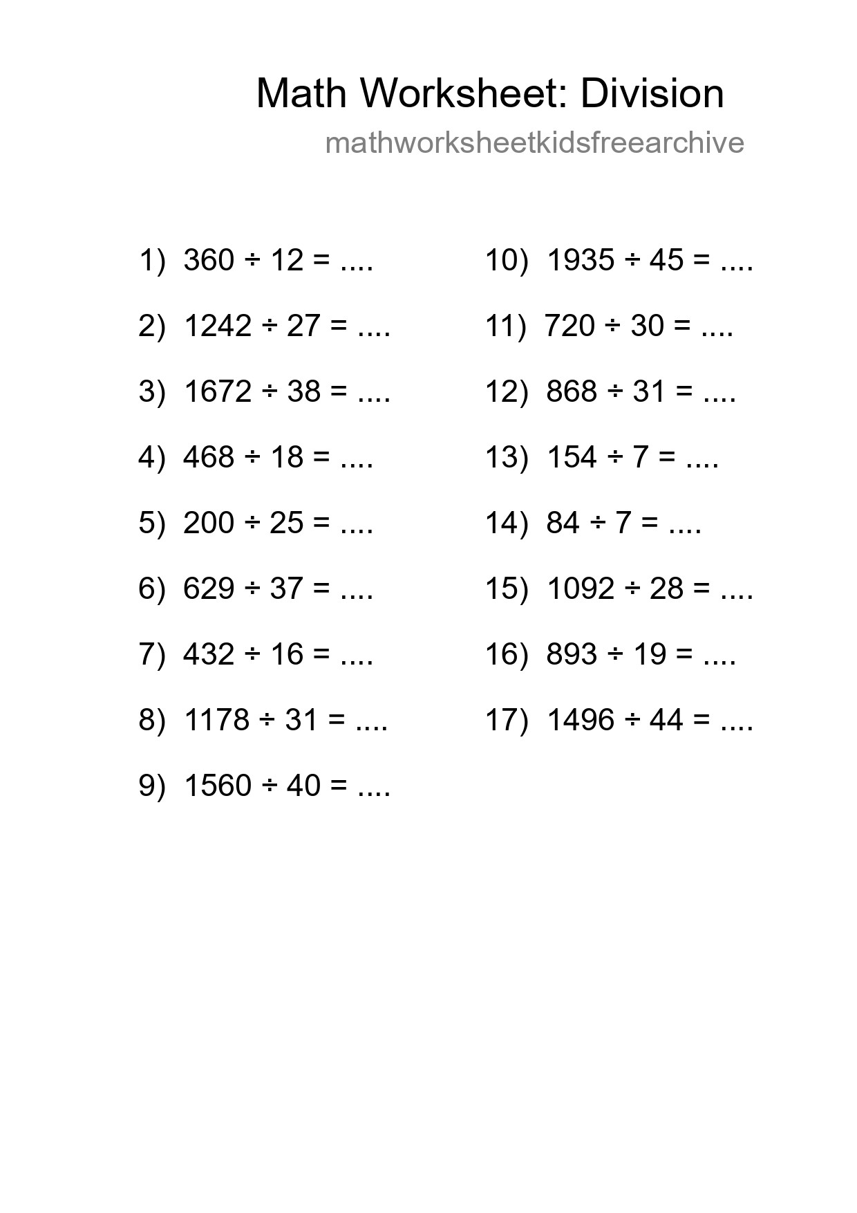 Grade 2 Division Practice Worksheet (17 Problems) - Part 37