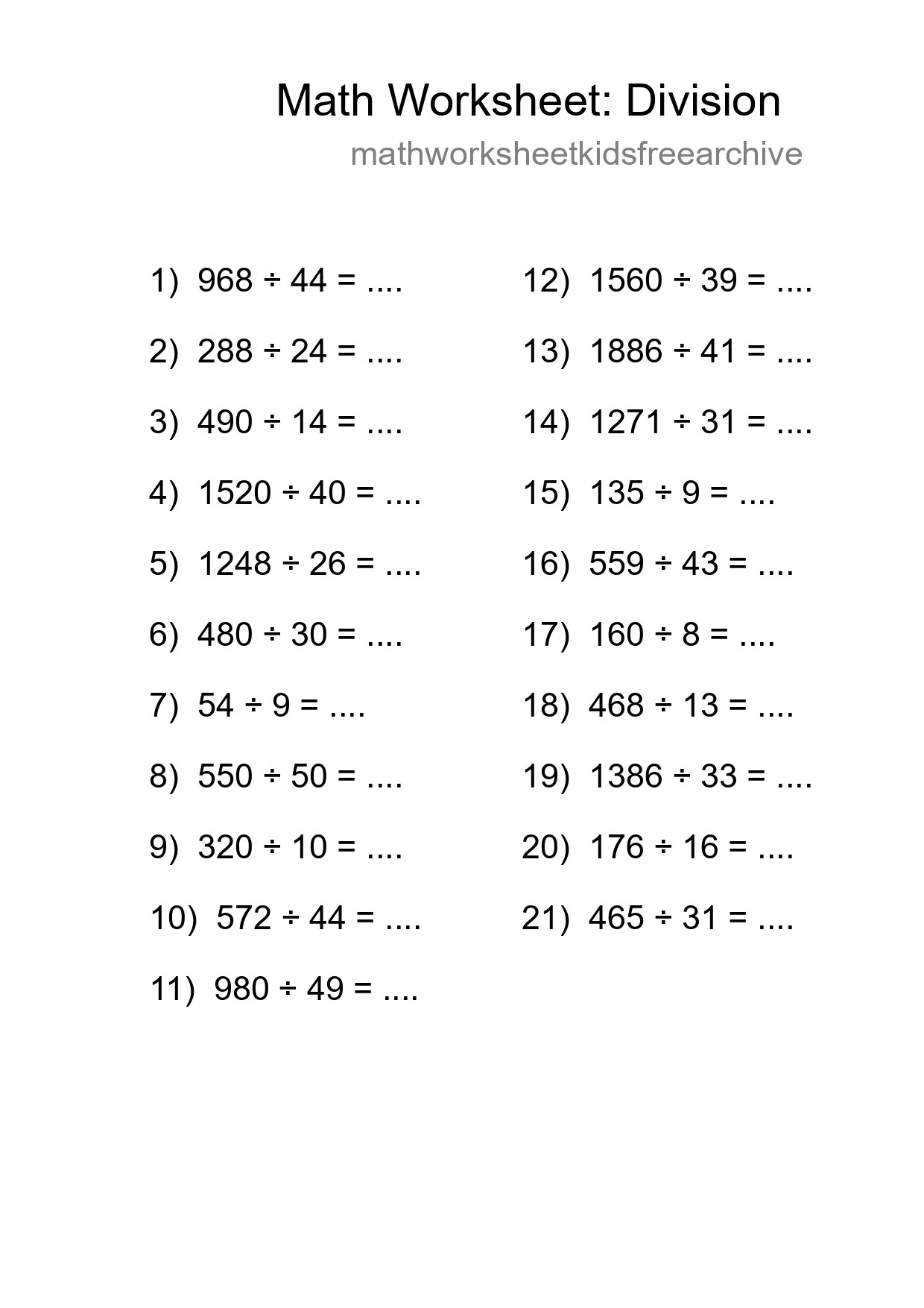 Grade 2 Division Practice Worksheet (21 Problems) - Part 180