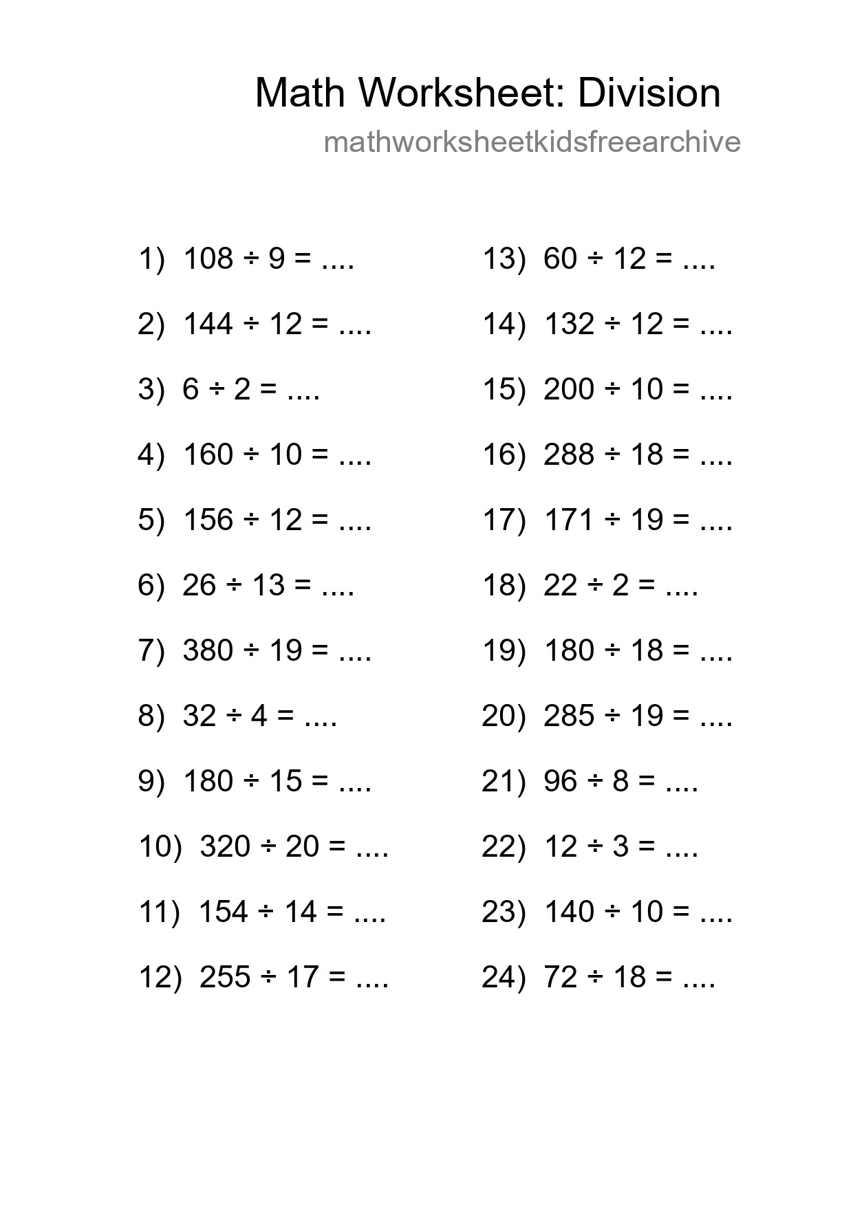 Grade 2 Division Practice Worksheet (24 Problems) - Part 4