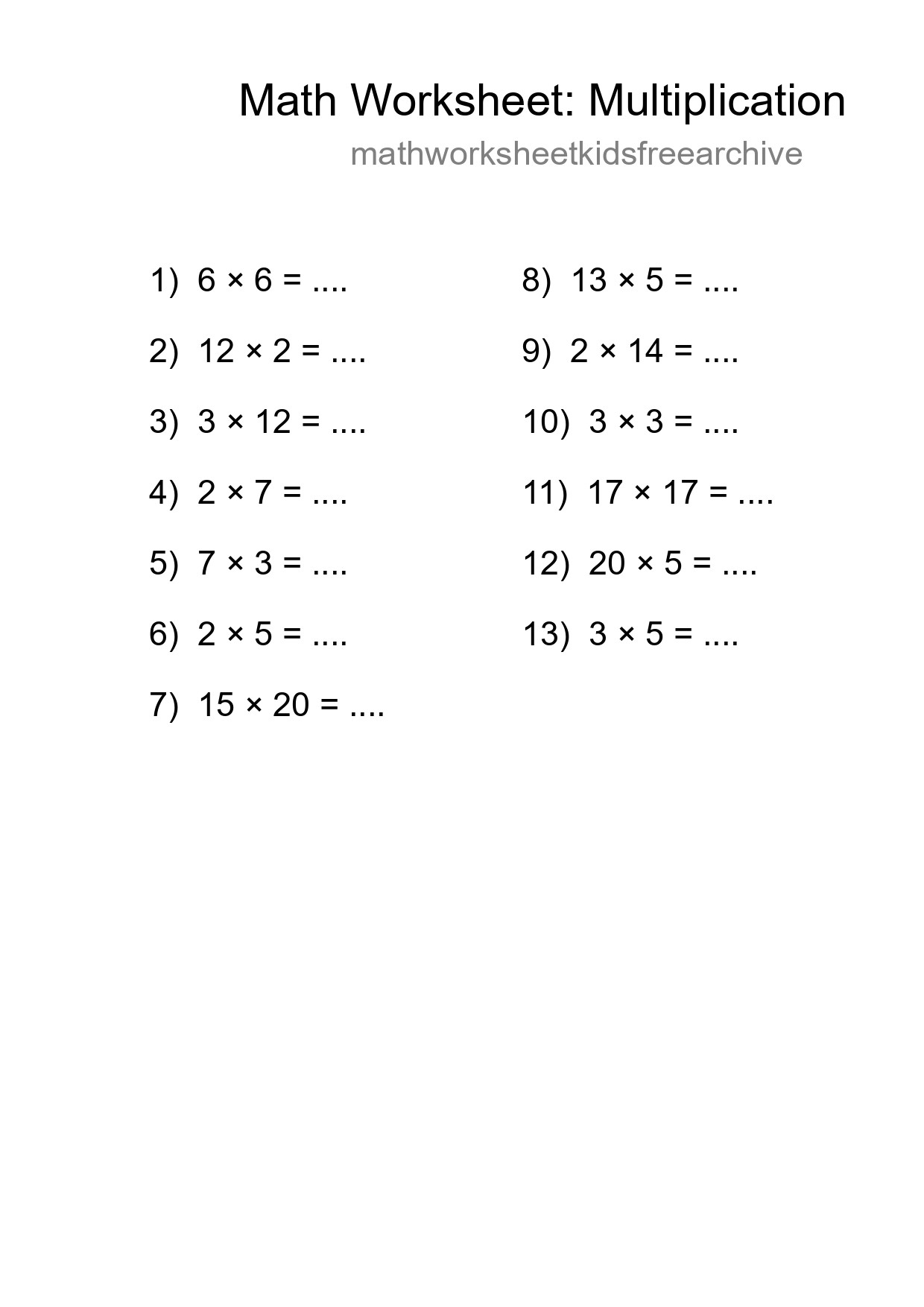 Grade 2 Multiplication Practice Worksheet (13 Problems) - Part 29