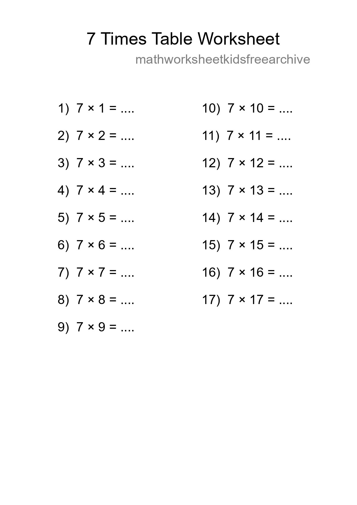 Grade 3 Multiplication Table 7 Practice - Part 9