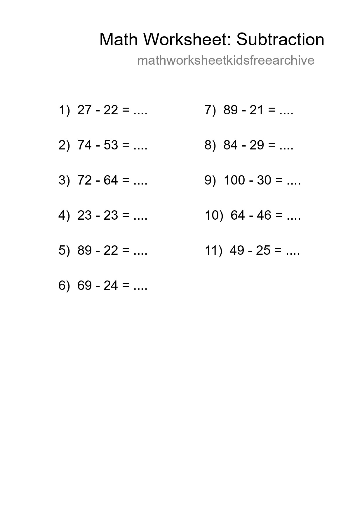 Grade 3 Subtraction Practice Worksheet (11 Problems) - Part 41