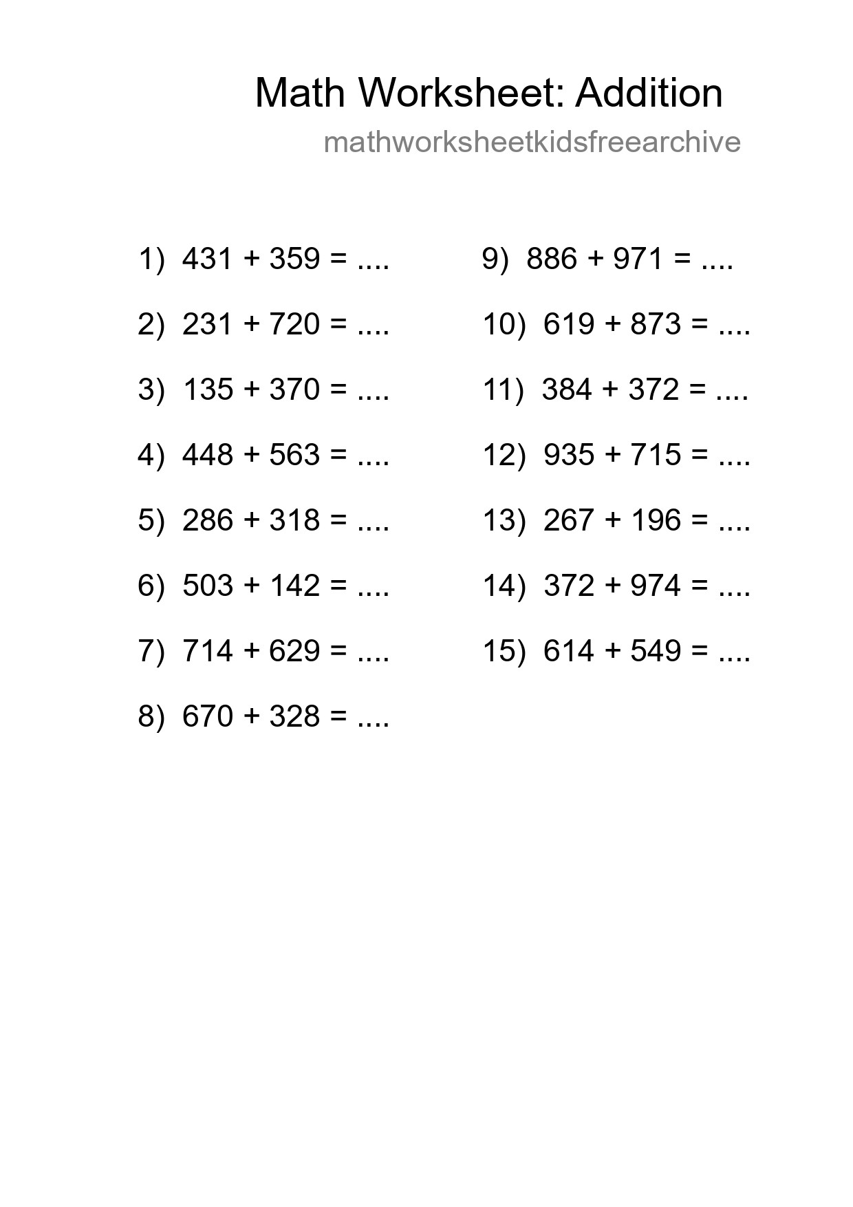 Grade 5 Addition Practice Worksheet (15 Problems) - Part 56
