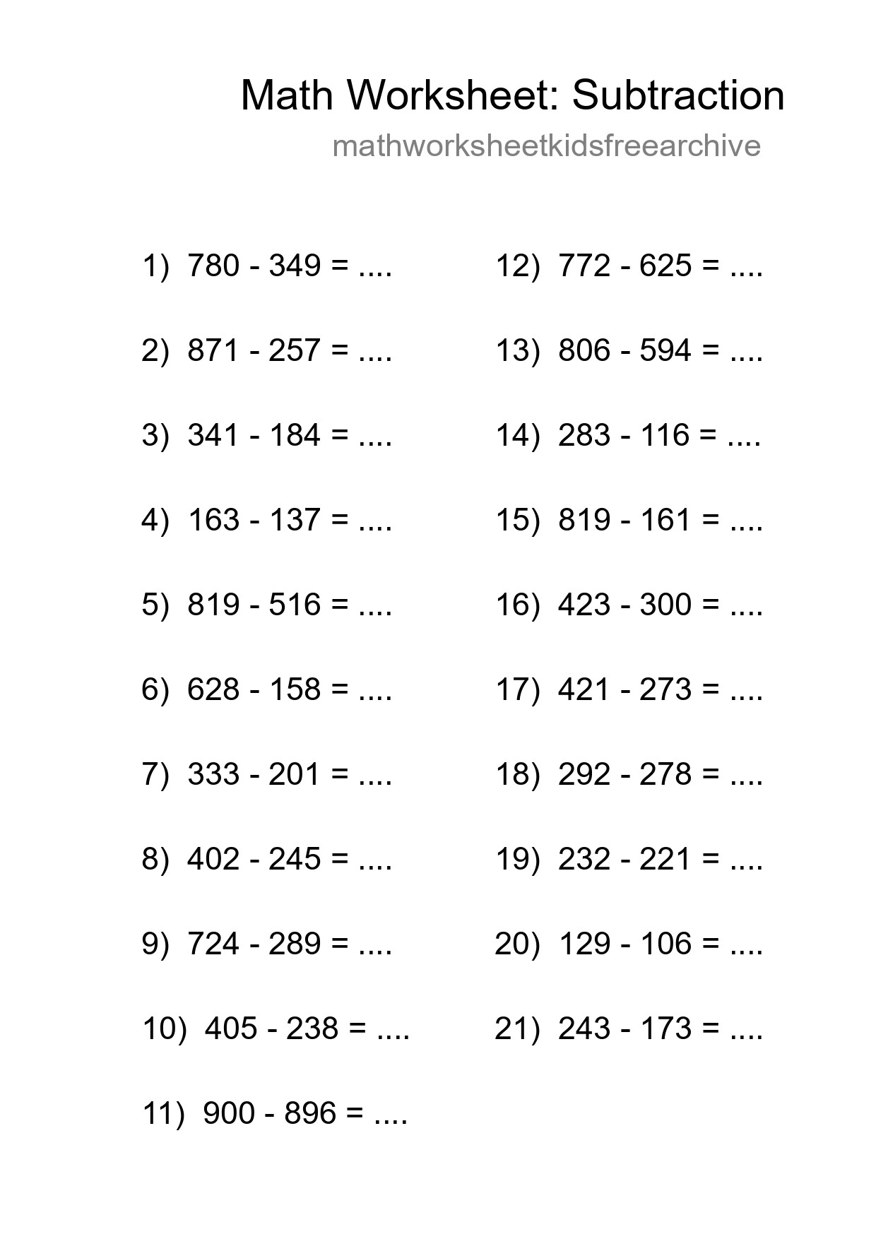 Grade 5 Subtraction Practice Worksheet (21 Problems) - Part 129