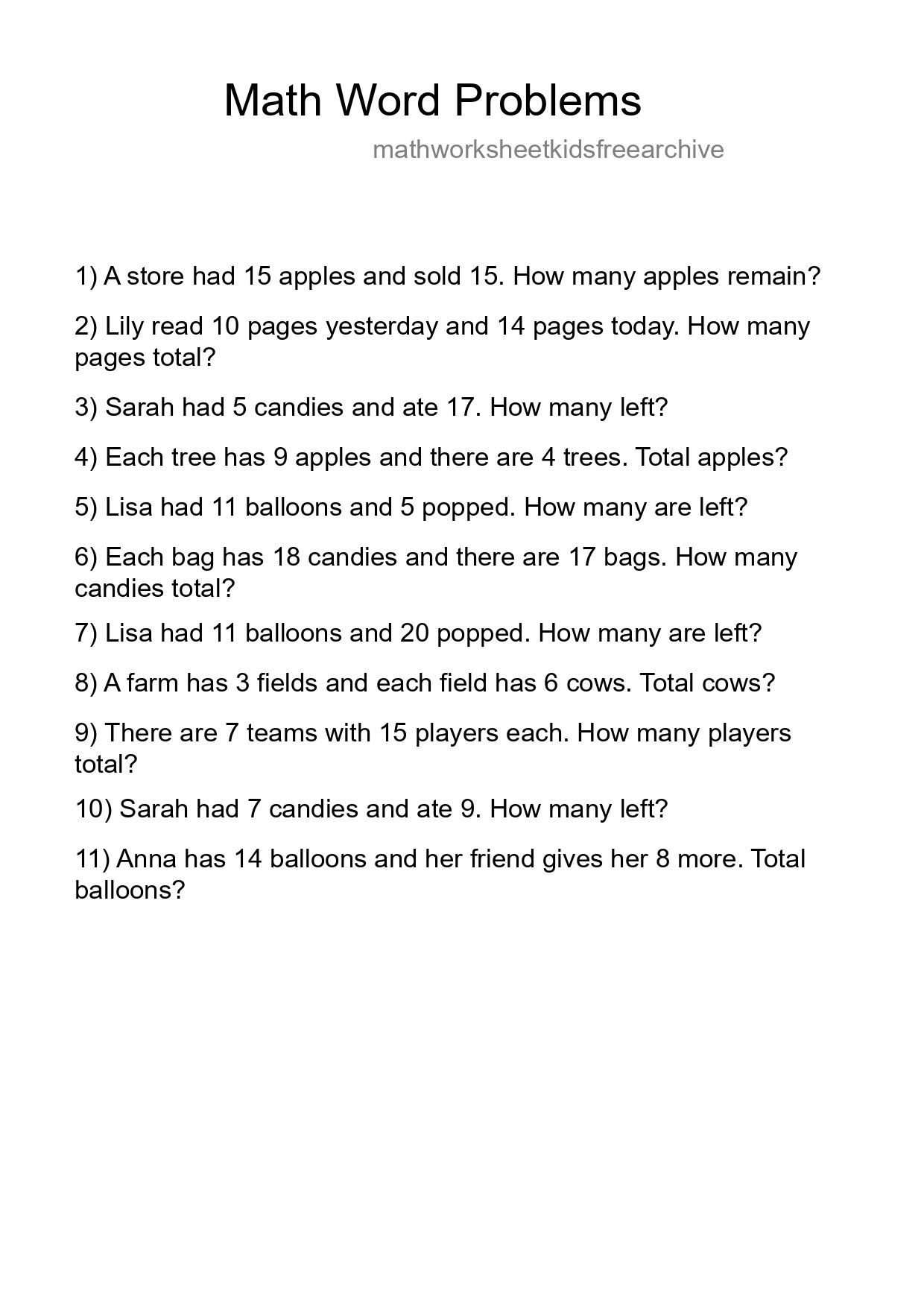 Math Word Problem Worksheet