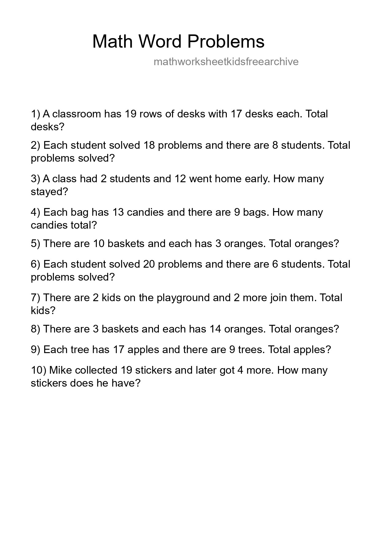 Math Word Problem Worksheet