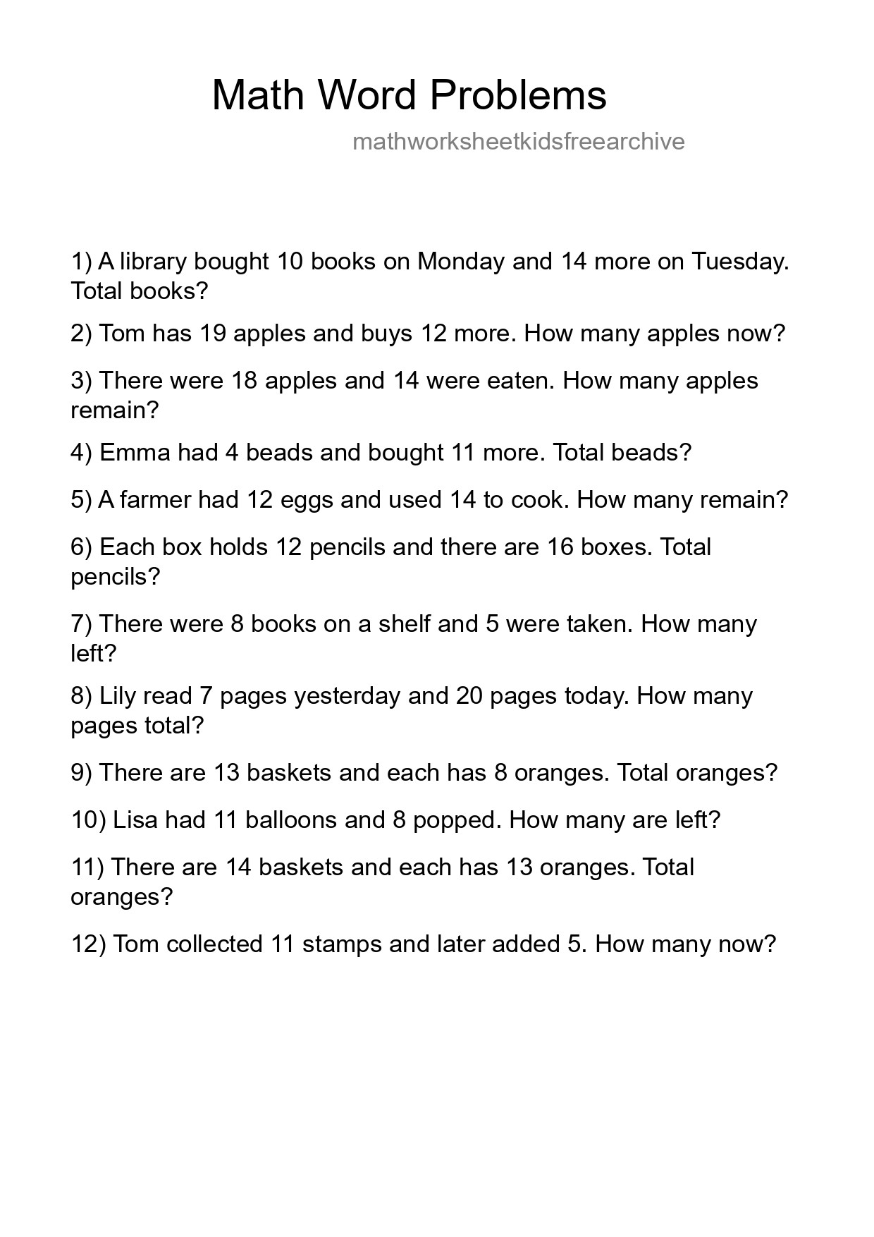 Math Word Problem Worksheet