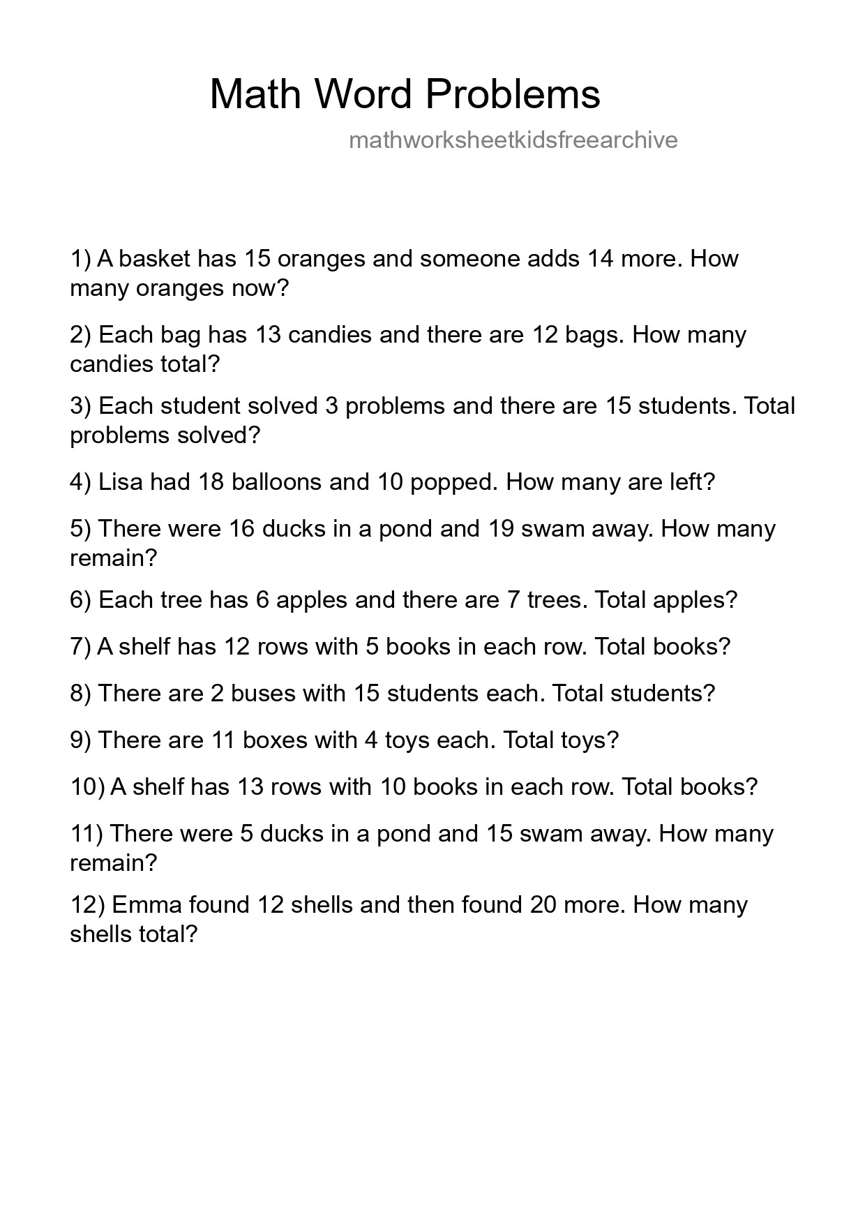 Math Word Problem Worksheet