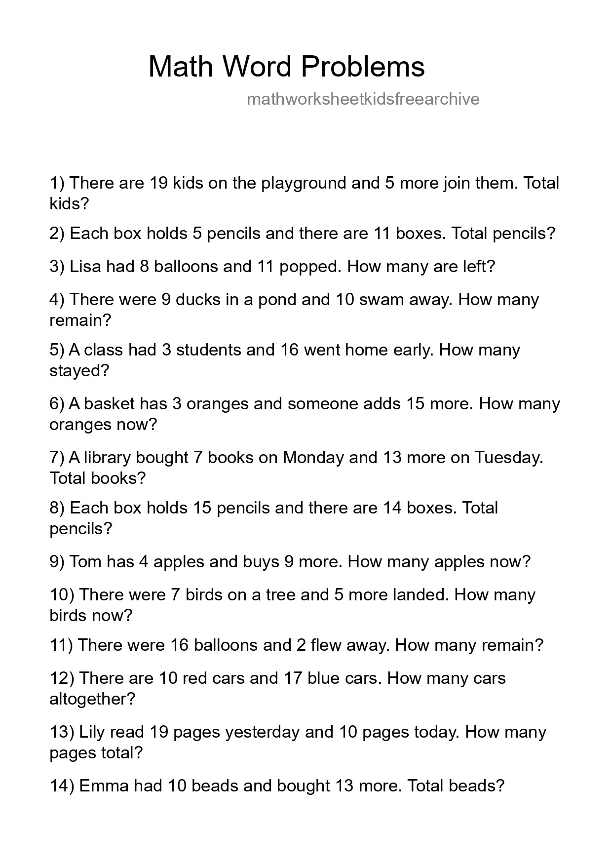 Math Word Problem Worksheet