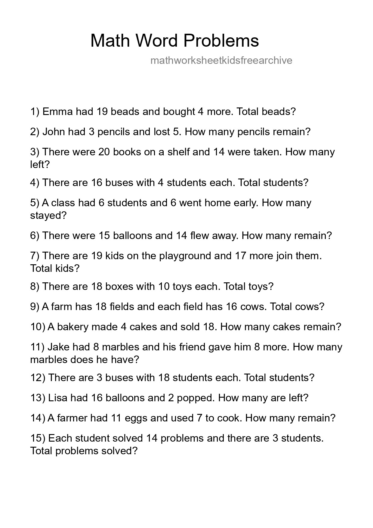 Math Word Problem Worksheet
