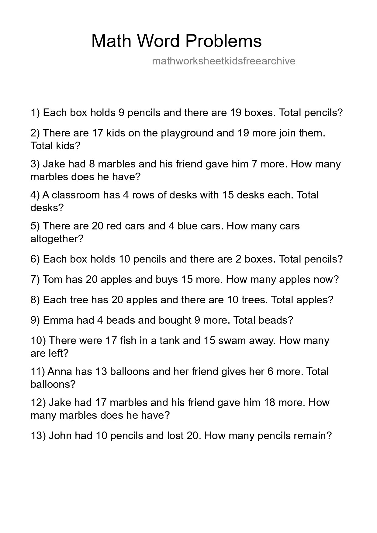 Math Word Problem Worksheet