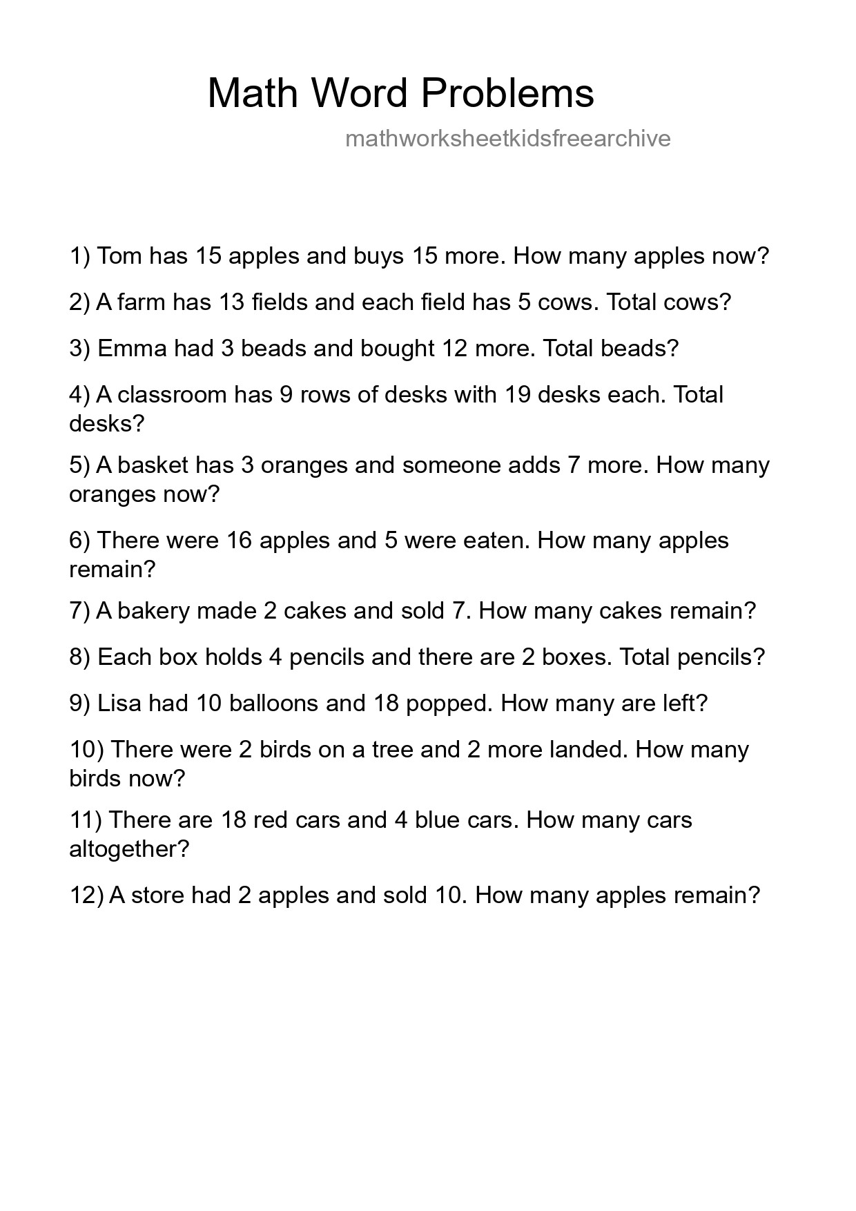 Math Word Problem Worksheet
