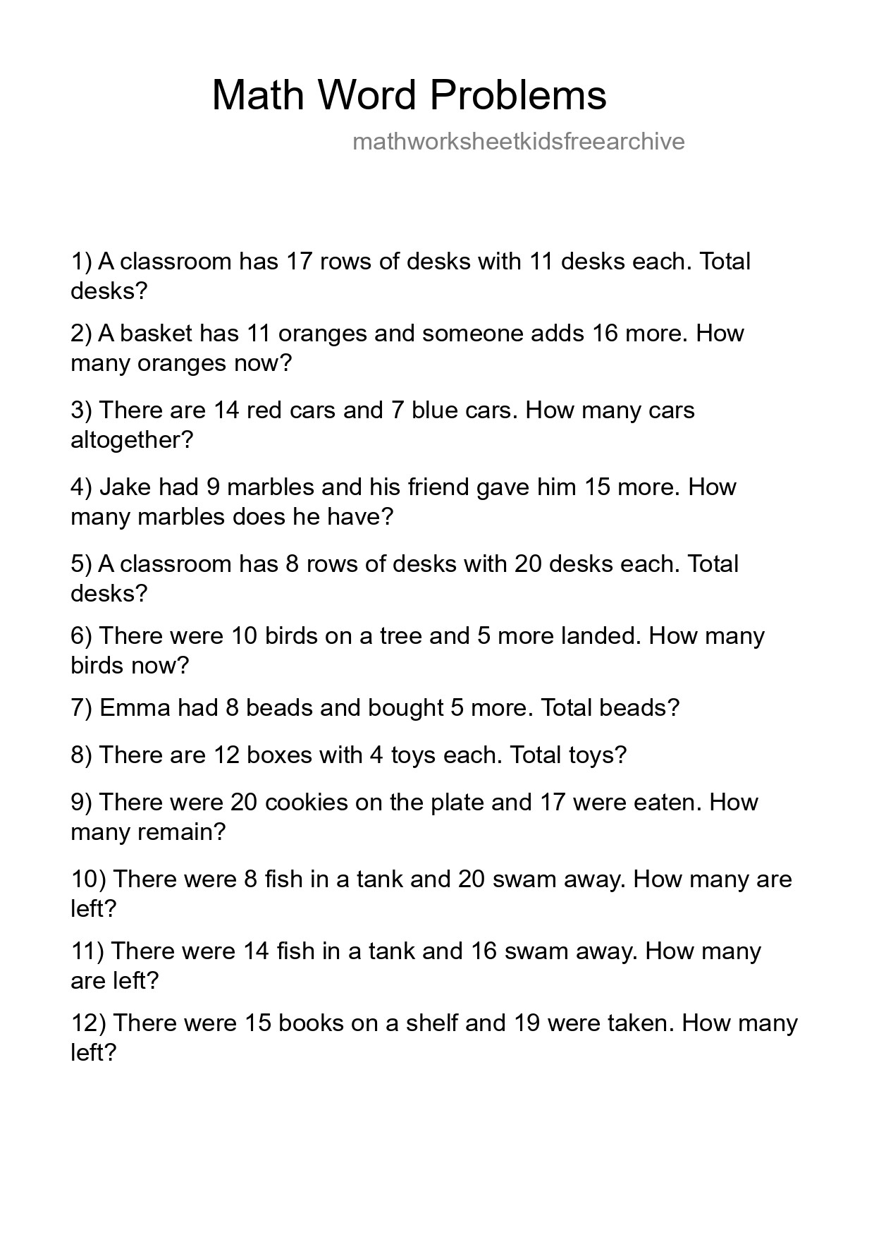 Math Word Problem Worksheet