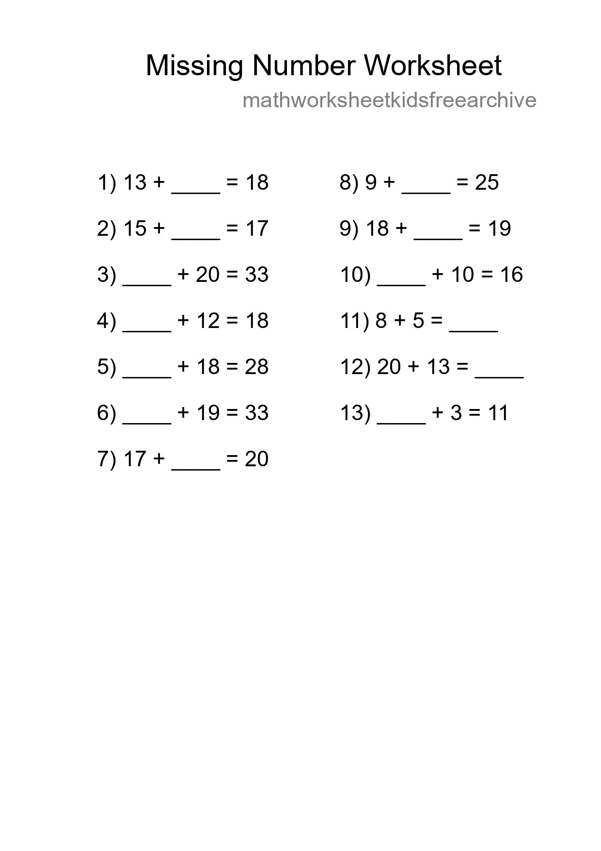 Missing Number Math Worksheet