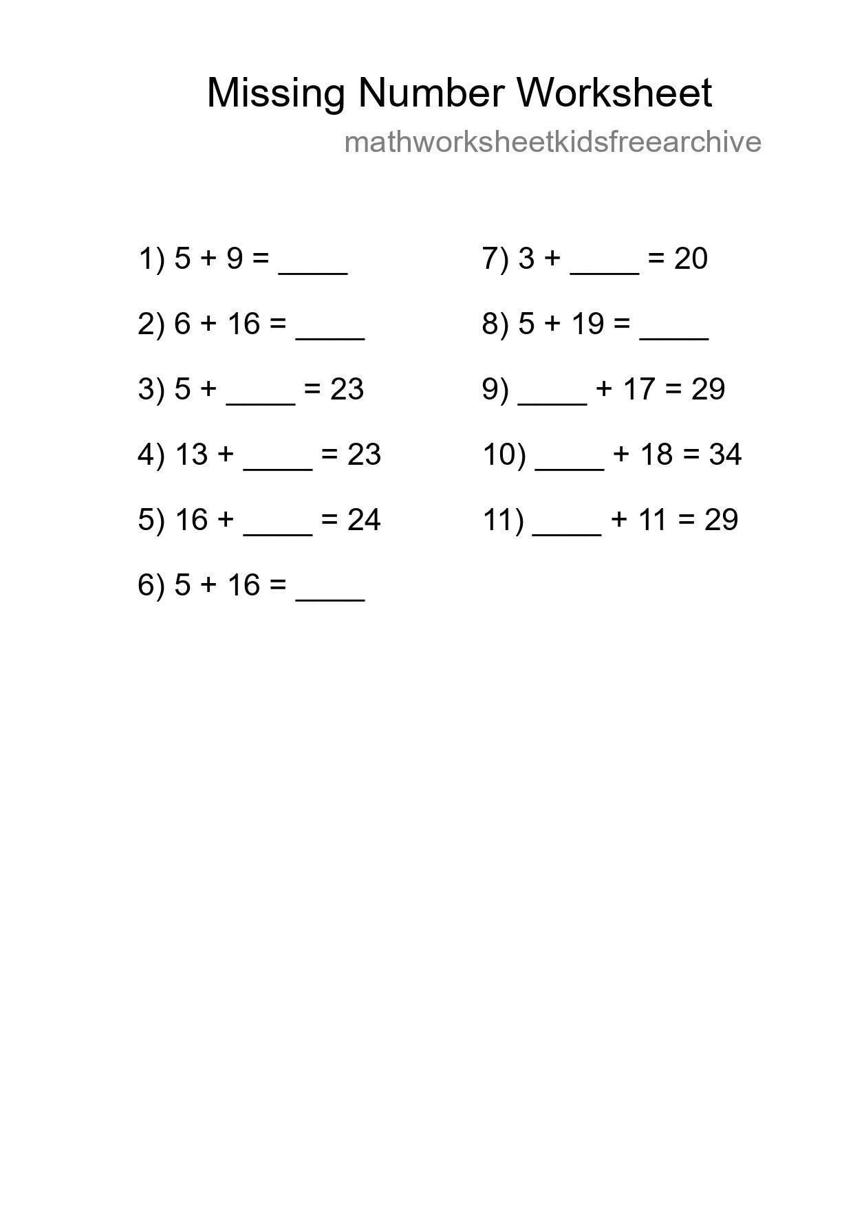 Missing Number Math Worksheet