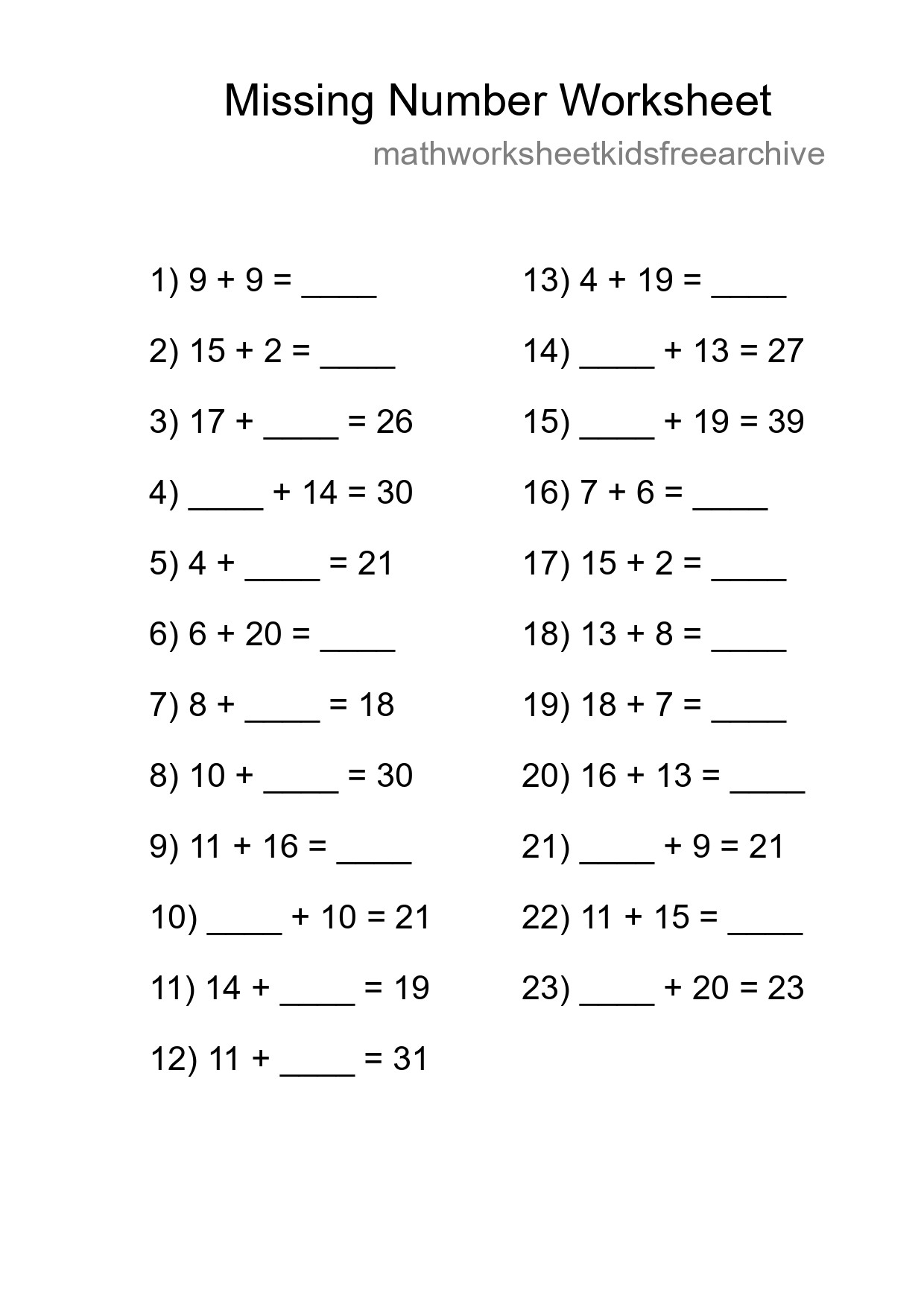 Missing Number Math Worksheet