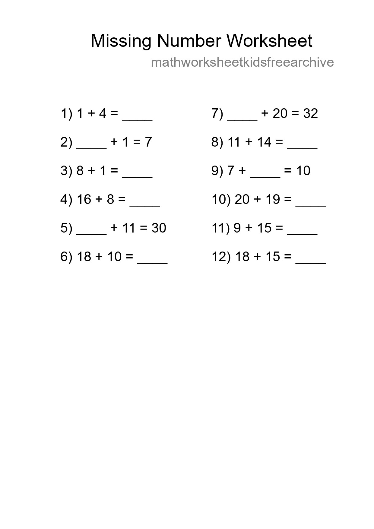 Missing Number Math Worksheet