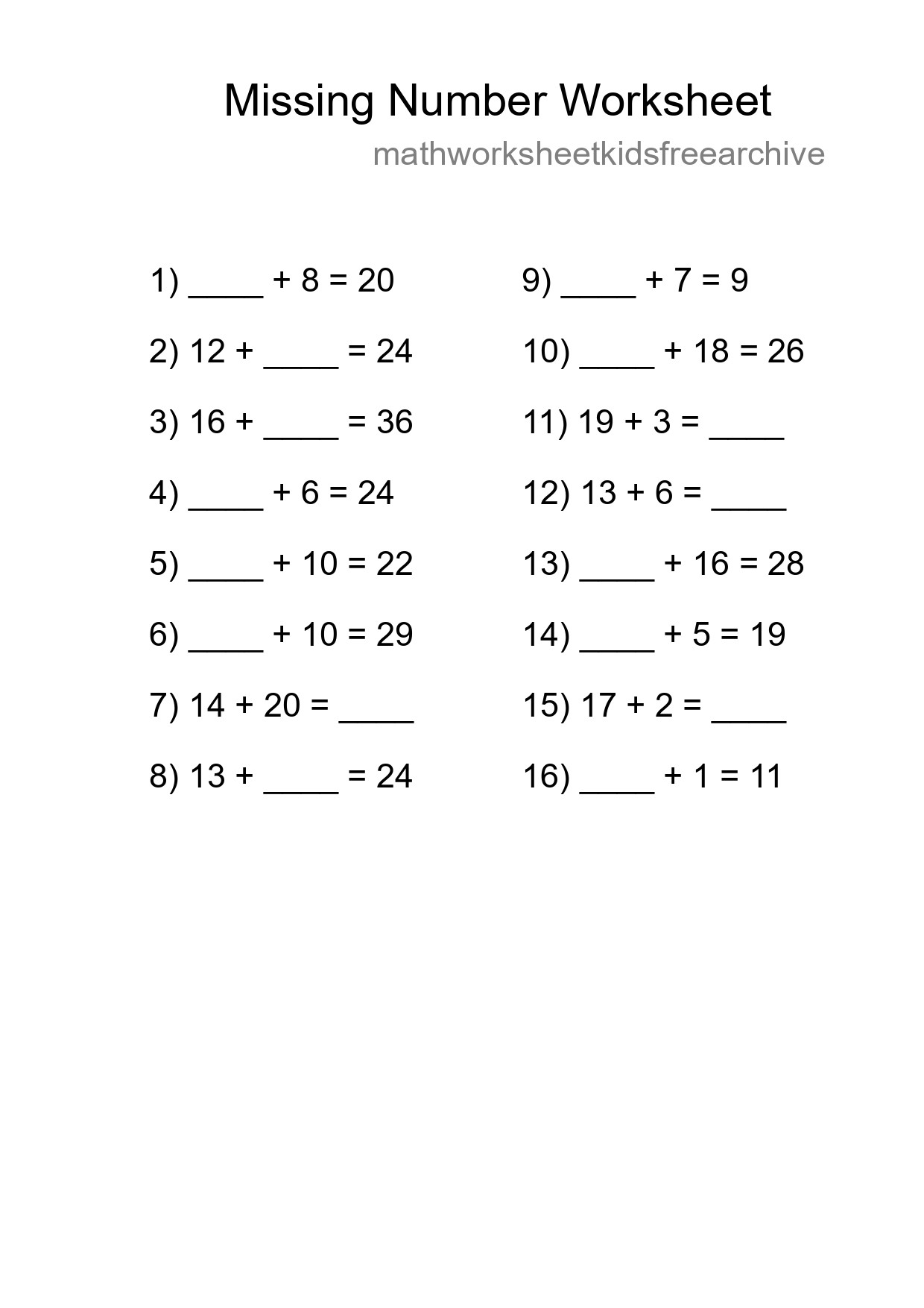 Missing Number Math Worksheet