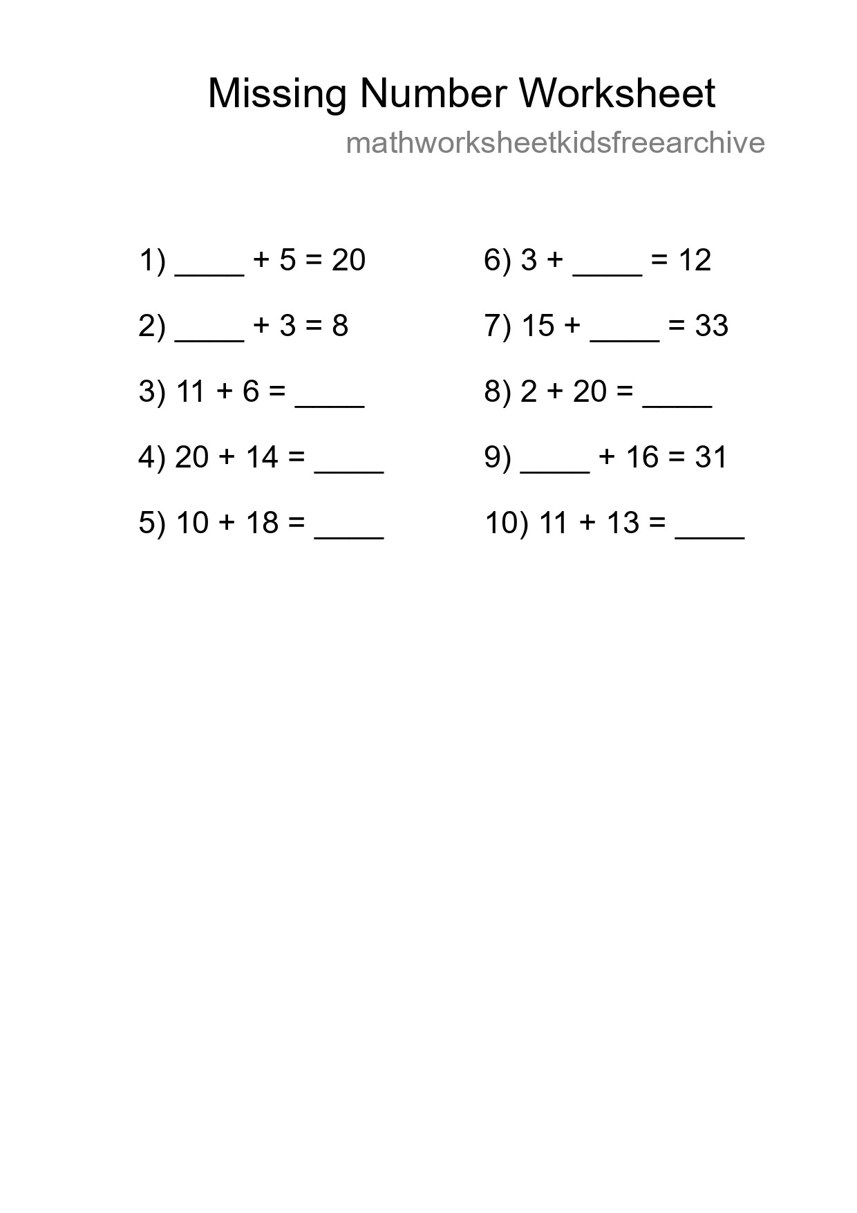 Missing Number Math Worksheet