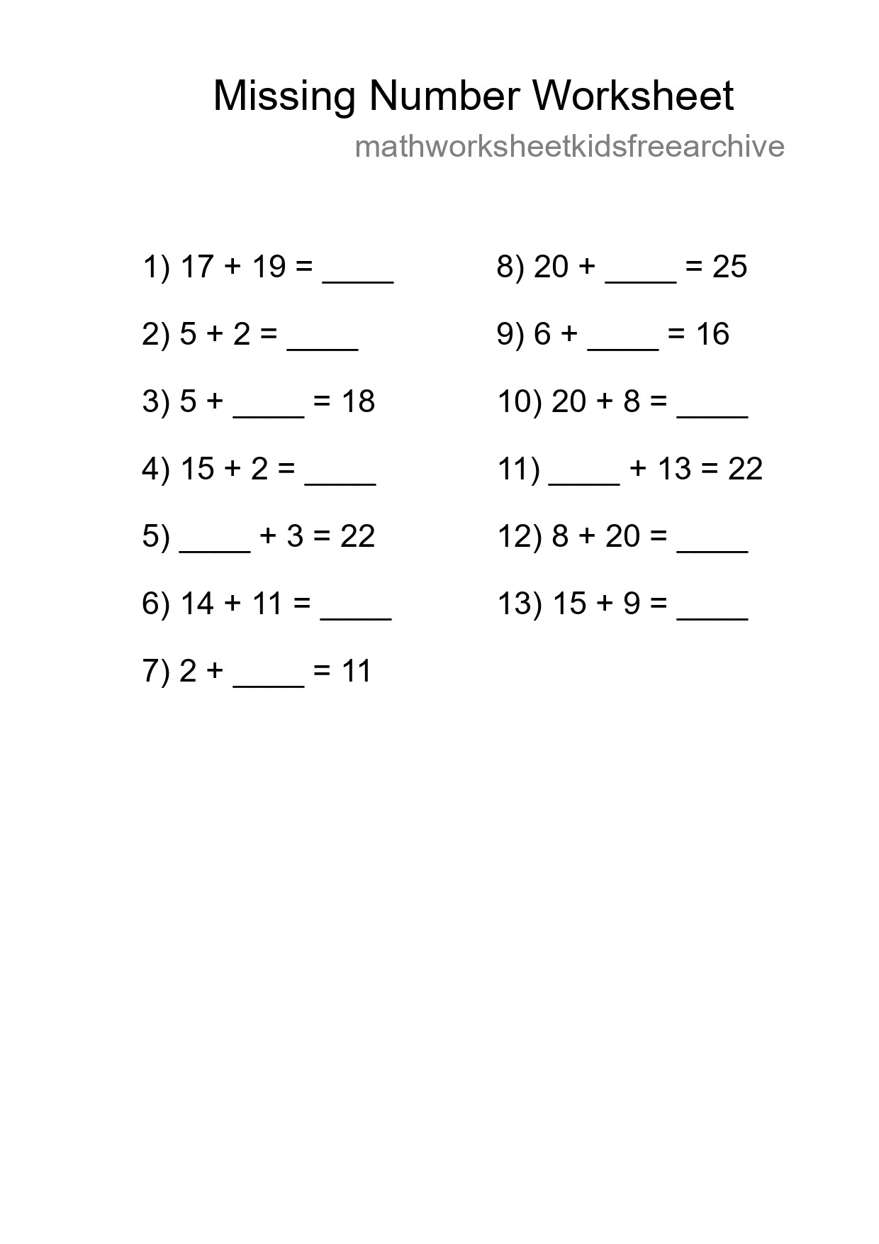 Missing Number Math Worksheet